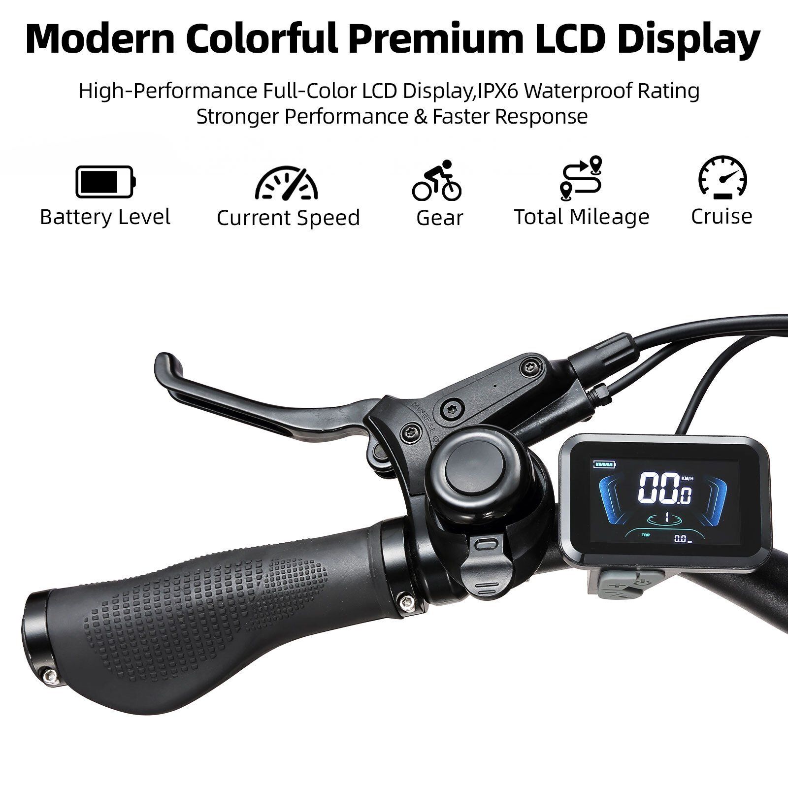 Nahaufnahme des Lenkers eines E-Bikes. LCD-Display mit Informationen zu Geschwindigkeit, Akku und mehr.