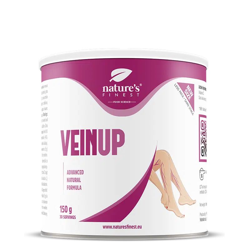 Nature's Finest VEIN UP Dose mit 150g Pulver. Abgebildet sind Beine mit sichtbaren Venen.