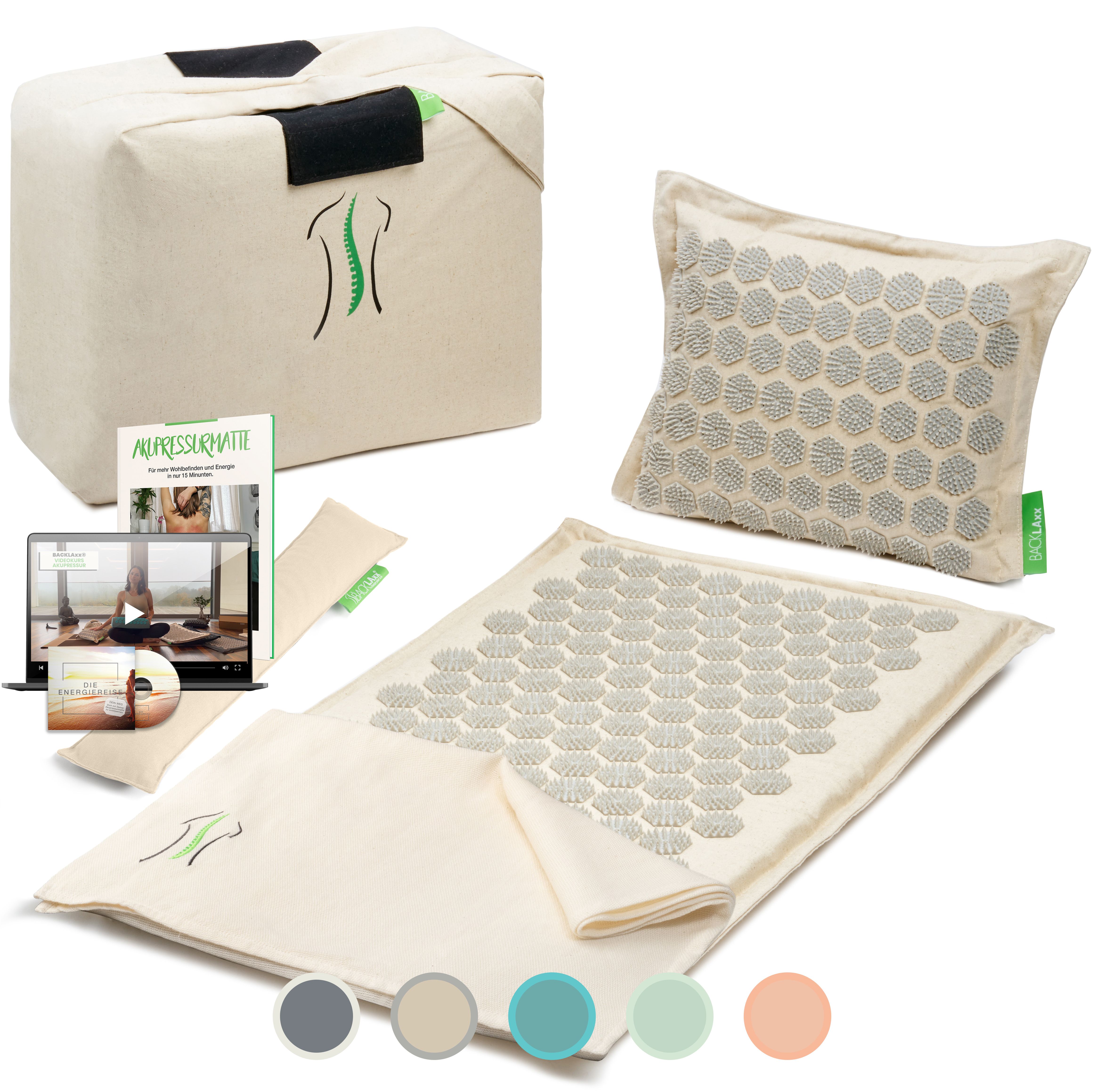Akupressurmatten-Set mit Matte, Kissen, Tasche, Buch, DVD. Farben: Grau, Beige, Türkis, Rosa. Produkt in Verpackung.