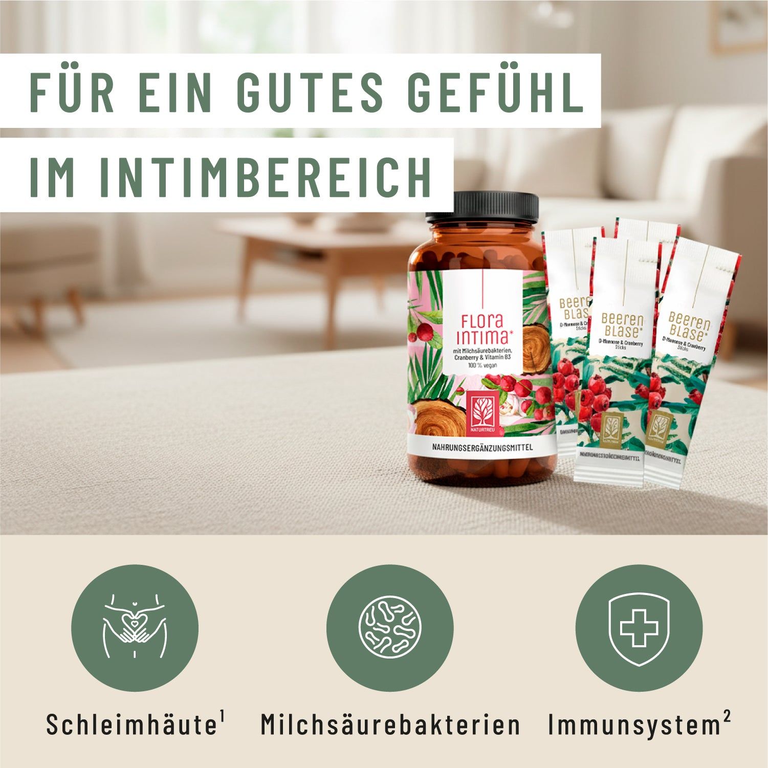 Symbole für Schleimhäute, Milchsäurebakterien und Immunsystem.