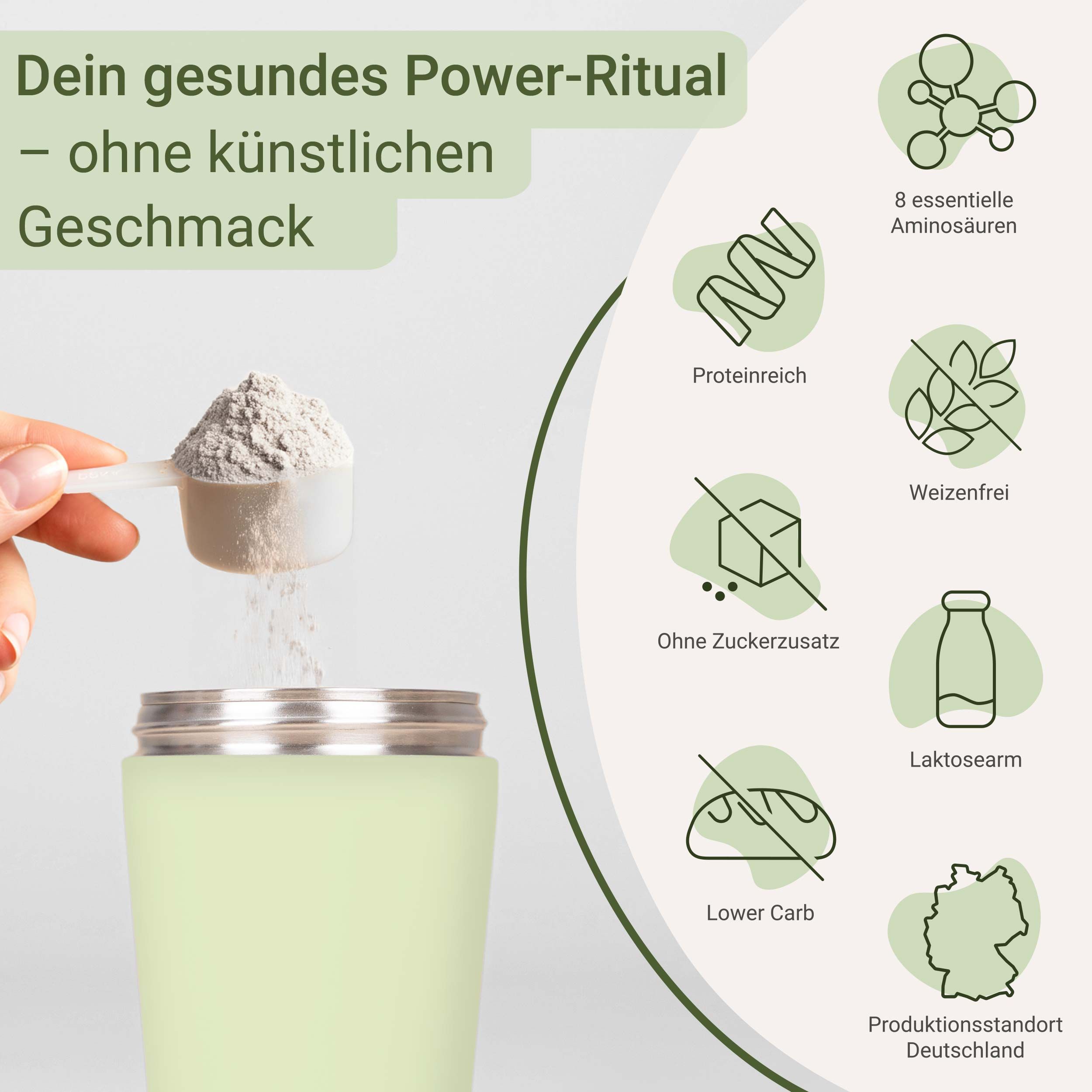 Frau mit Shake. Text: Zubereitung: 30 g Pulver mit 200 ml Wasser oder Milch in Shaker geben. 1-2 Portionen pro Tag trinken.