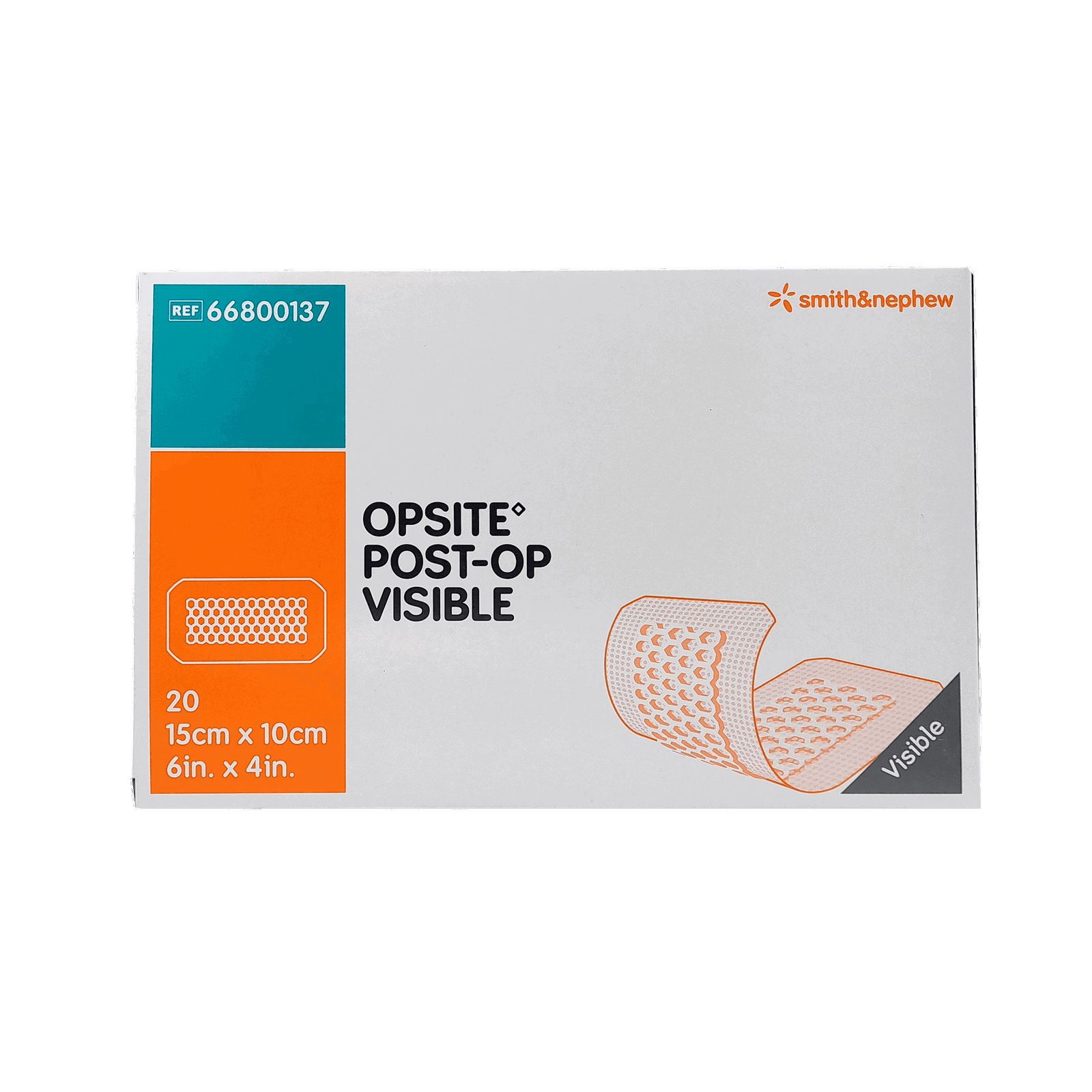 OPSITE Post-Op Visible Verband-Packung. Enthält 20 Verbände. Größe: 15cm x 10cm. Marke Smith & Nephew. Sichtbare Produktabbildung.