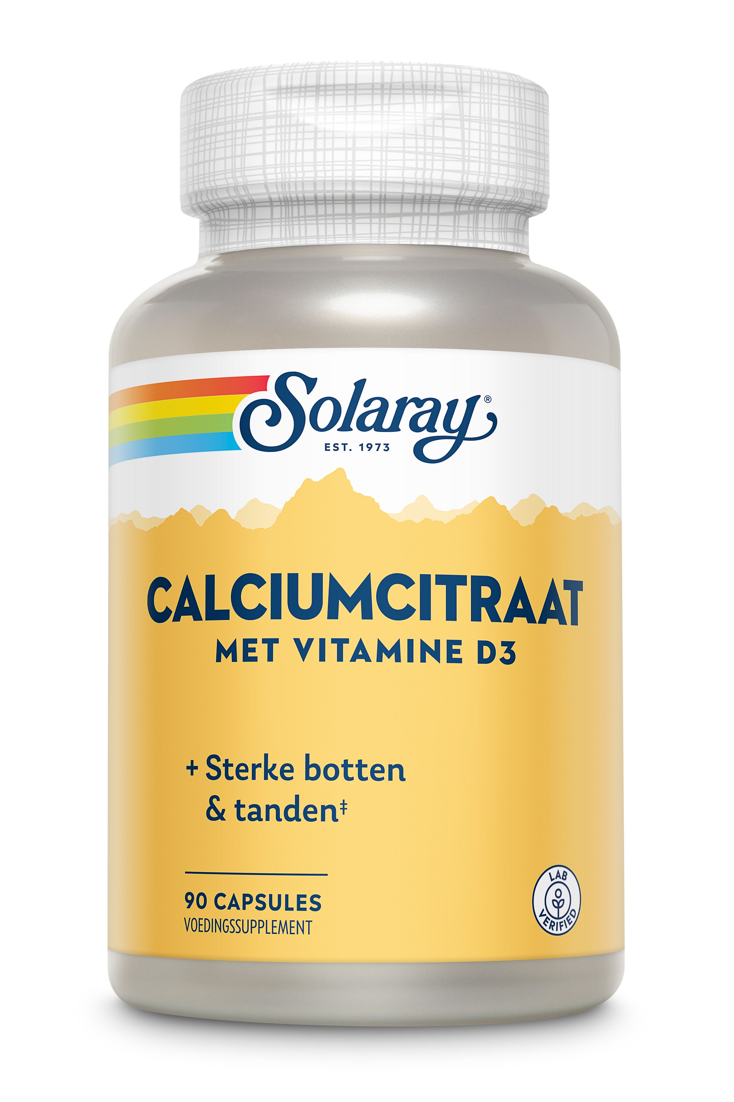 Eine Flasche Solaray Calciumcitraat mit Vitamin D3. Gelbes Etikett mit Text und Logo. Enthält 90 Kapseln.