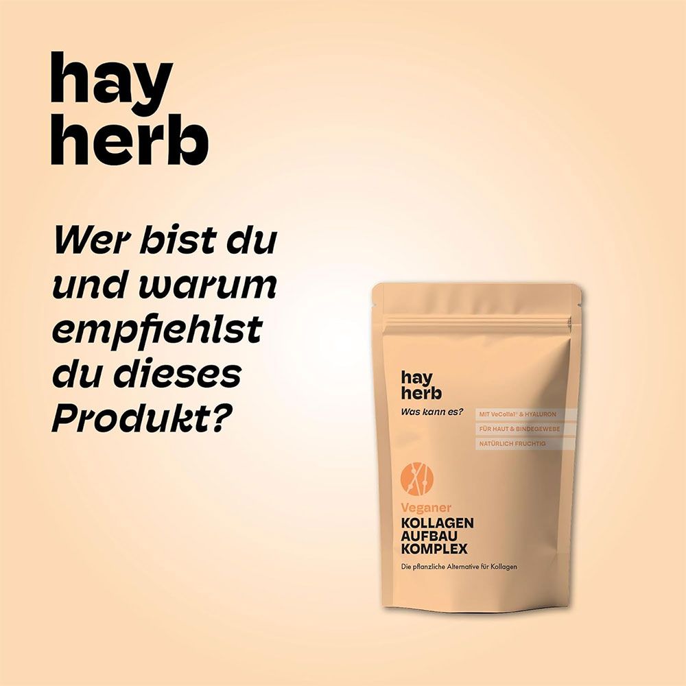 Beige Beutel mit Produktinformationen. Text: hay herb, Veganer Kollagen Aufbau Komplex. Für Haut & Bindegewebe. Hintergrund: hellorange.