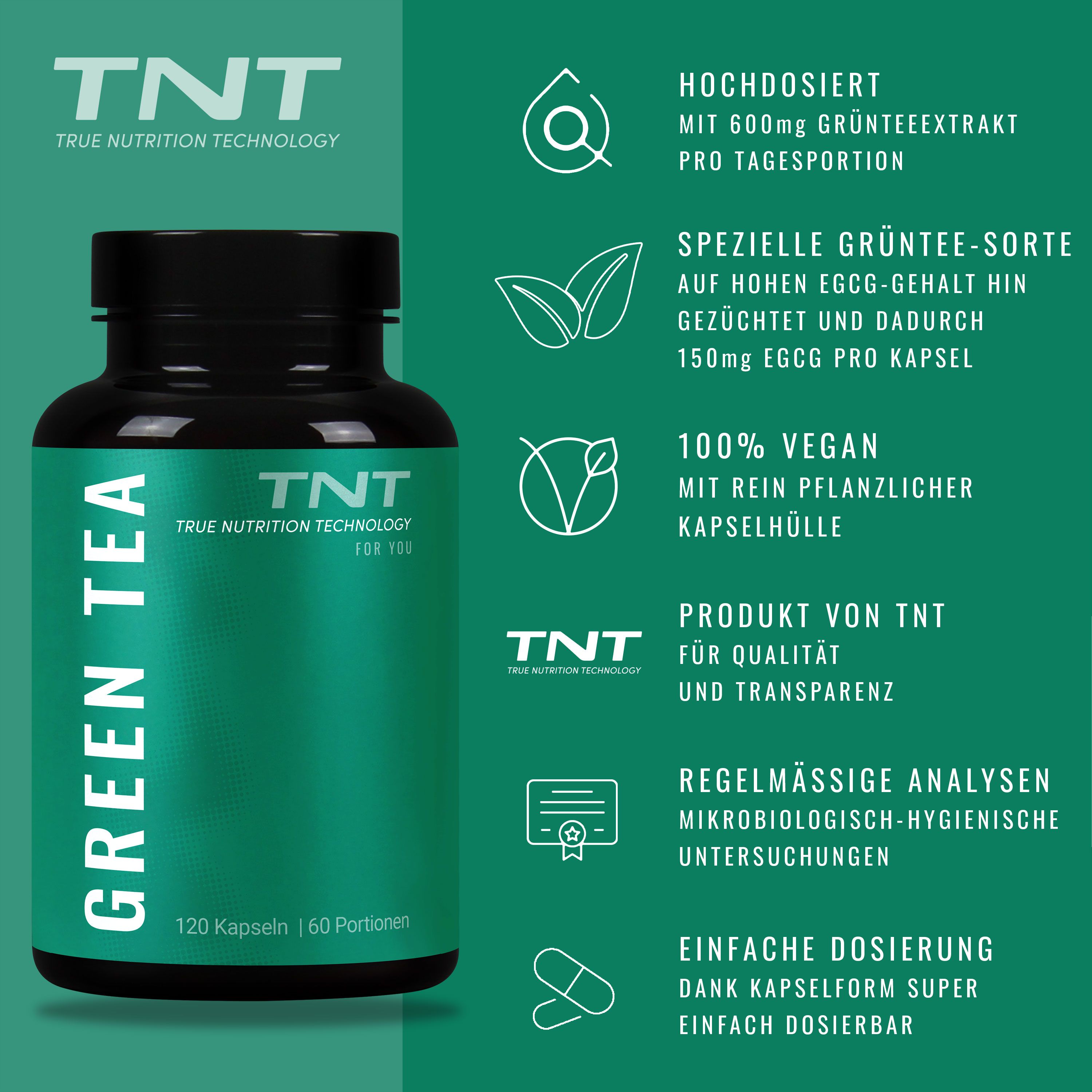 Eine Flasche mit grünem Etikett und dem Text "GREEN TEA" und "TNT". Auf dem Etikett stehen Informationen.