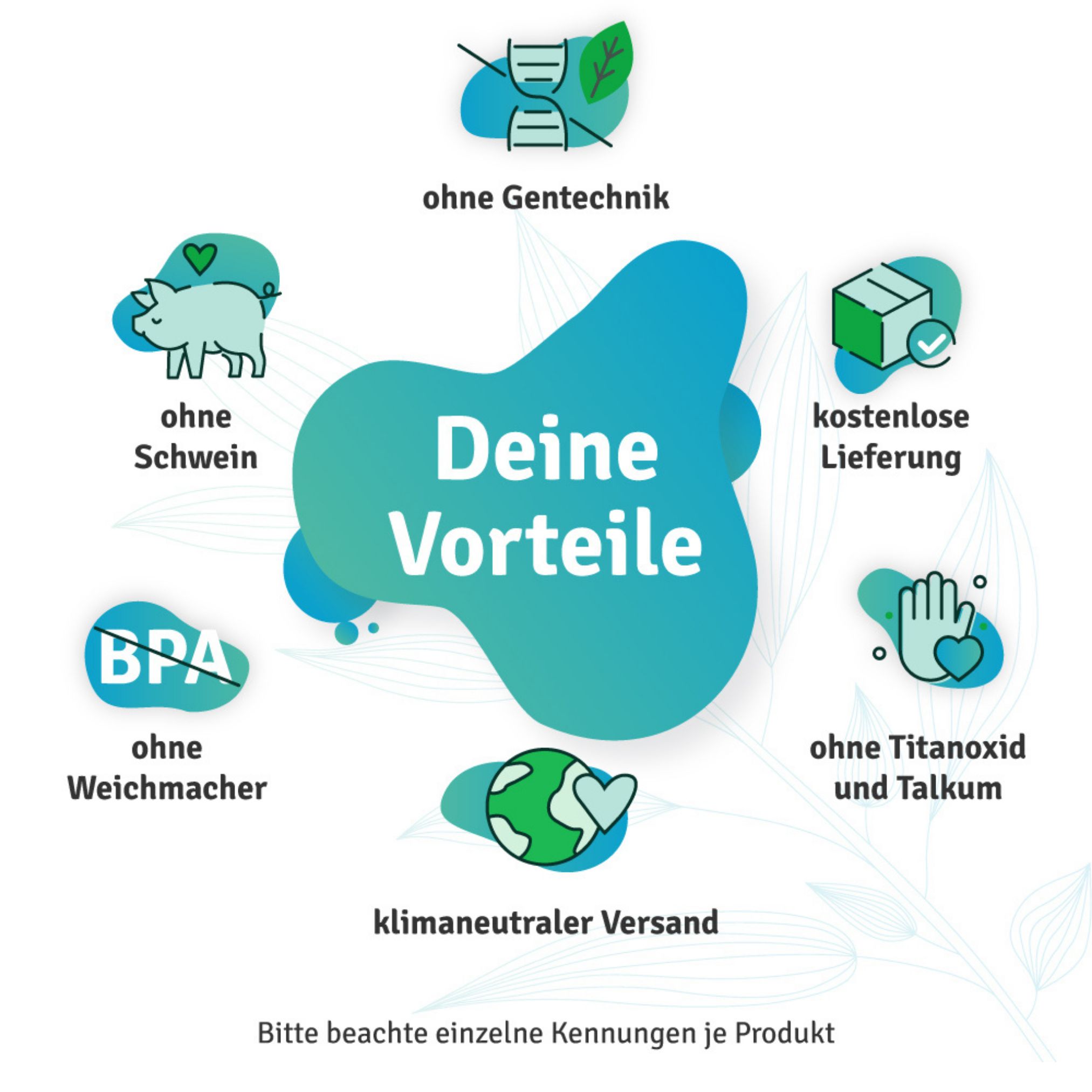 Grafik mit Icons. Ohne Gentechnik, ohne Schwein, ohne Weichmacher, klimaneutraler Versand, ohne Titanoxid und Talkum.