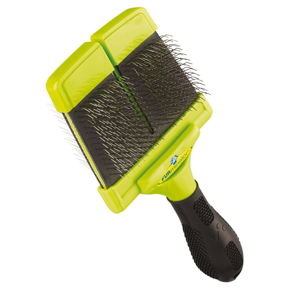 Zupfbürste mit gelbem Griff und schwarzen Borsten. Schwarzer Griff. Logo: Furminator.