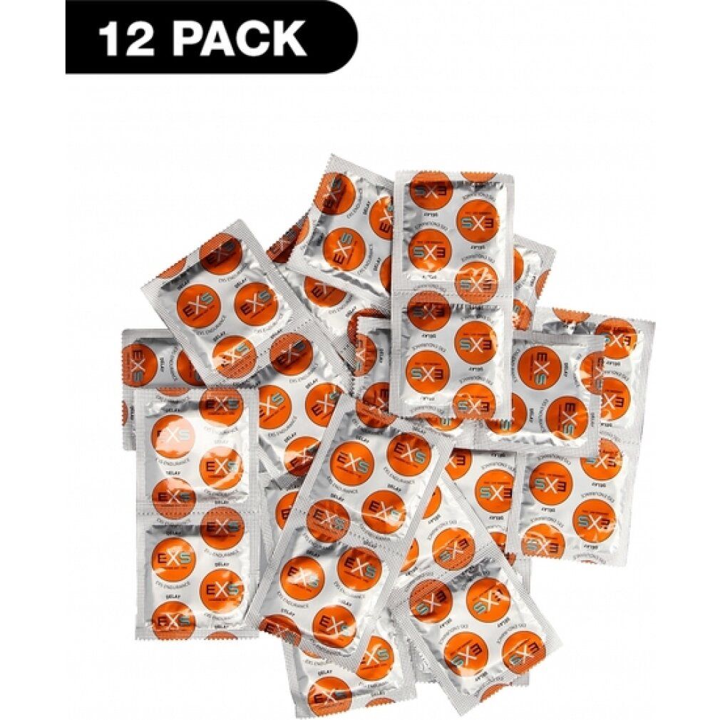 12er Packung Kondome. Einzelverpackungen mit orangefarbenen Kreisen, Logo und Schriftzug. Text: EXS Endurance Delay.