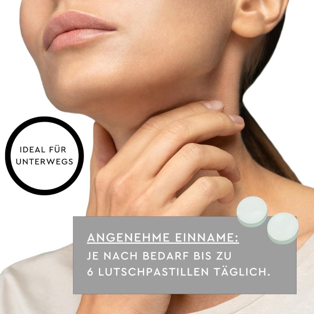 Nahaufnahme einer Person mit Hals. Text: 'Ideal für unterwegs'. Text: 'Angenehme Einnahme: Bis zu 6 Lutschpastillen täglich'.
