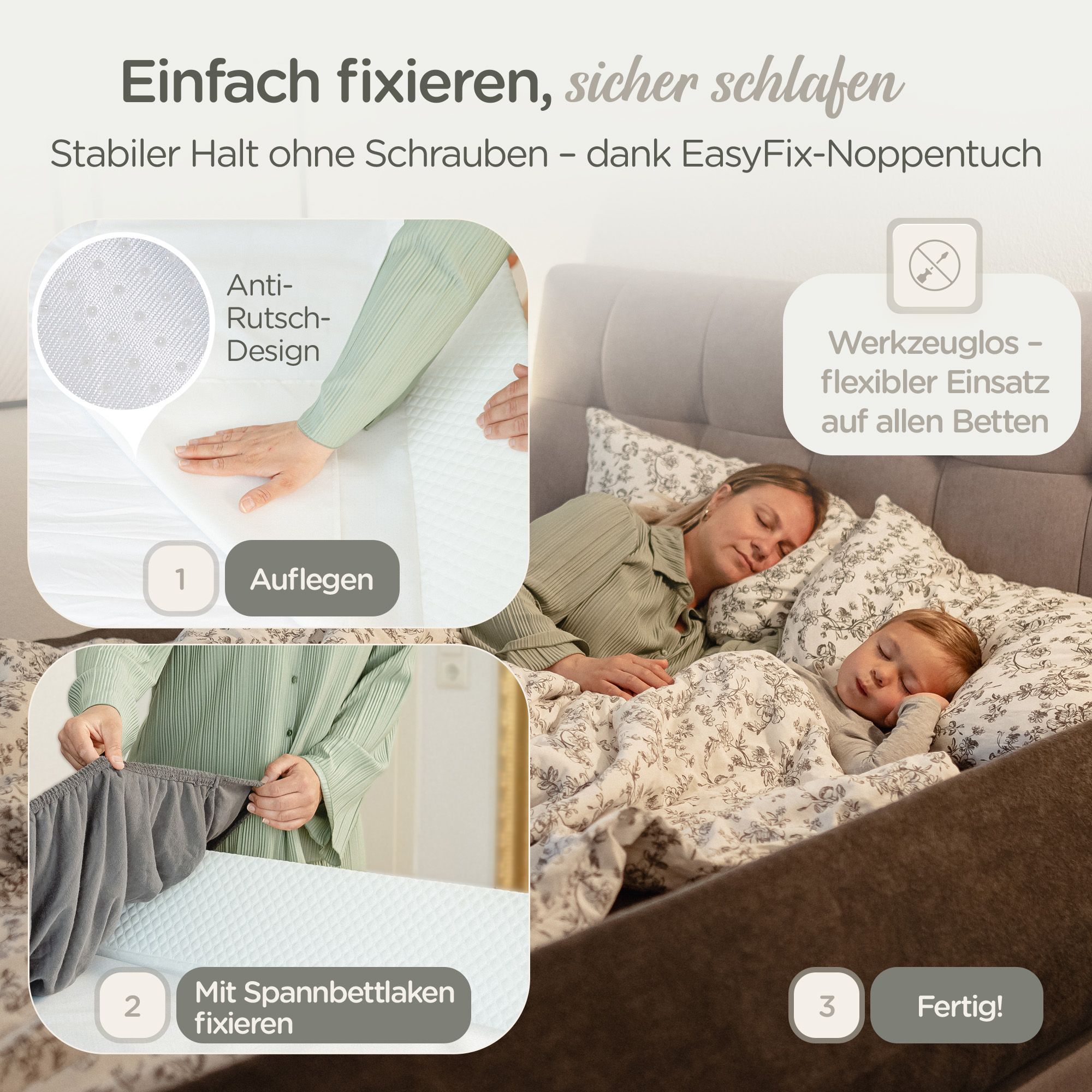 Illustration der Montage: Auflegen, mit Spannbettlaken fixieren, fertig. Frau und Kind schlafen im Bett.