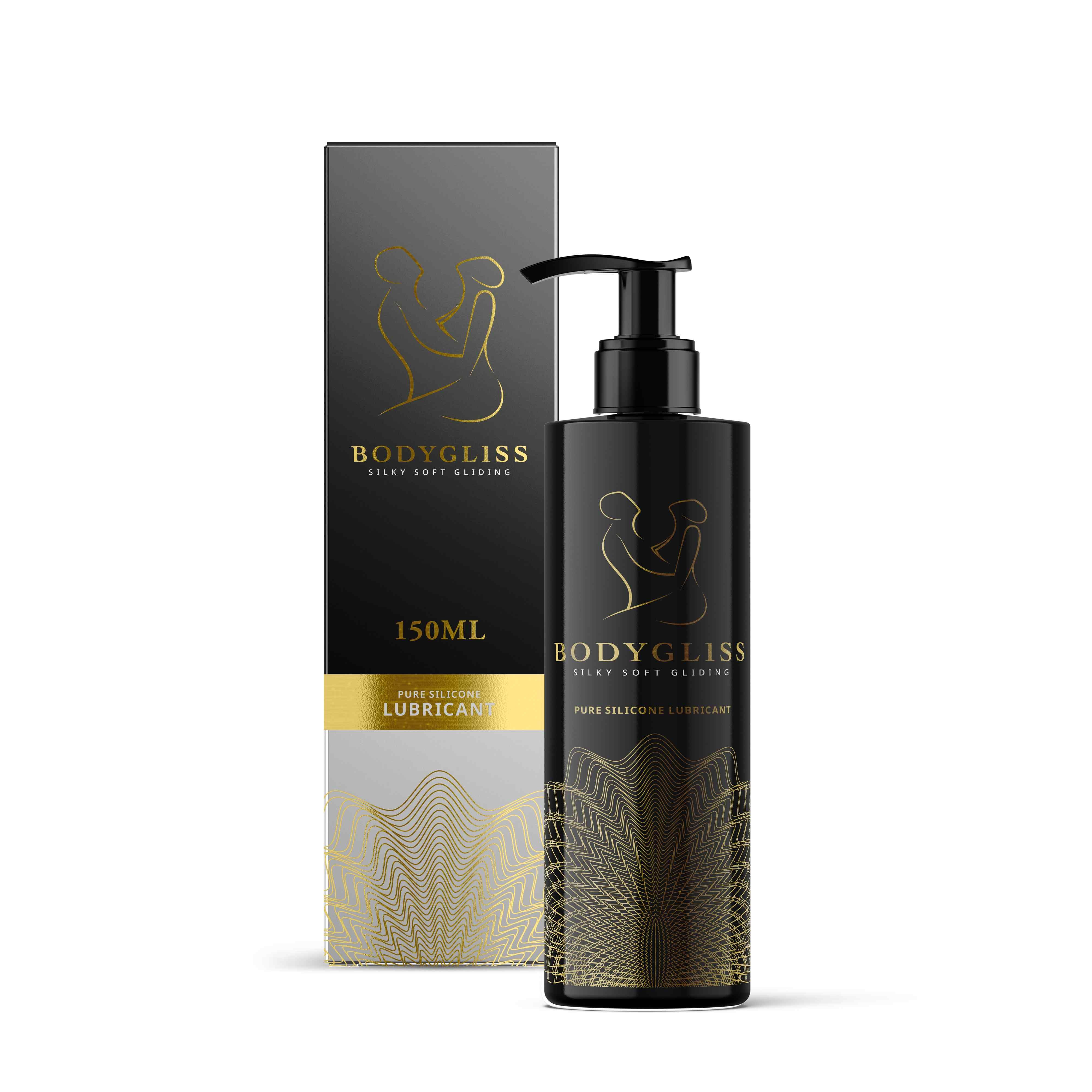 Produkt mit Verpackung. Schwarze Flasche mit Dosierpumpe und Karton. Goldfarbenes Logo und Schriftzug. "150ML" sichtbar.