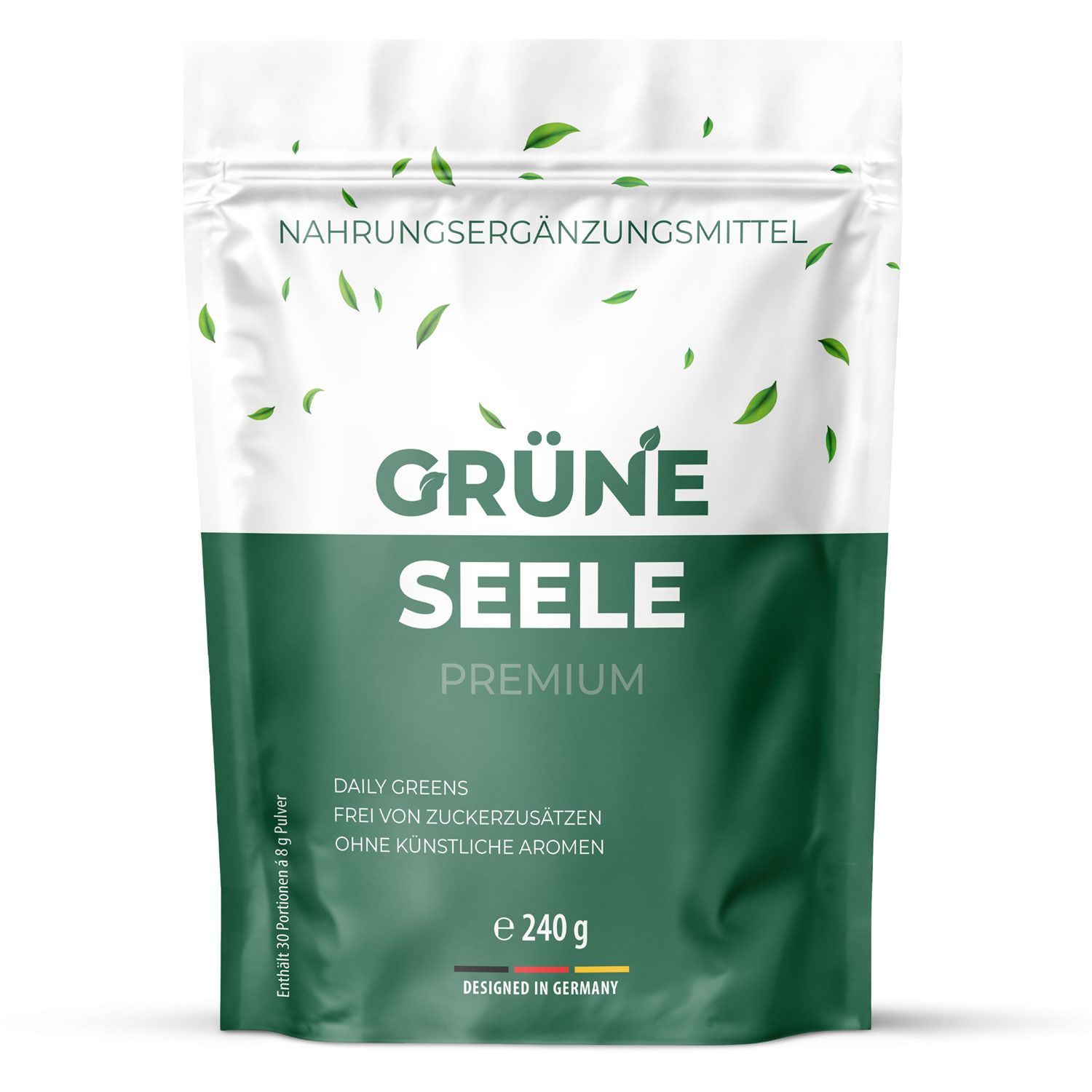 Grüne Seele Premium Pulver in einem Standbeutel, 240g. Nährwertangabe und "Designed in Germany" sichtbar.