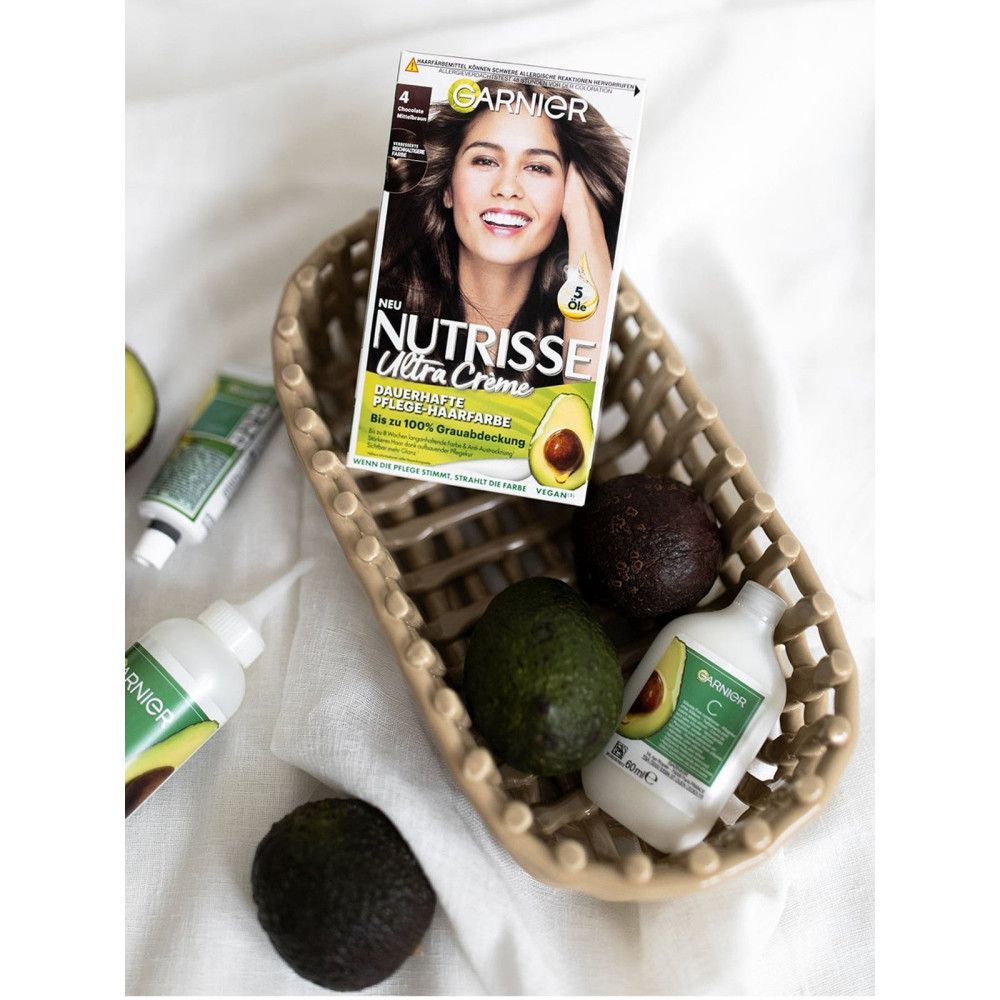 Garnier Nutrisse Ultra Crème Packung mit Avocado und Pflegeprodukten in einem Korb. Produktabbildung mit Avocado.