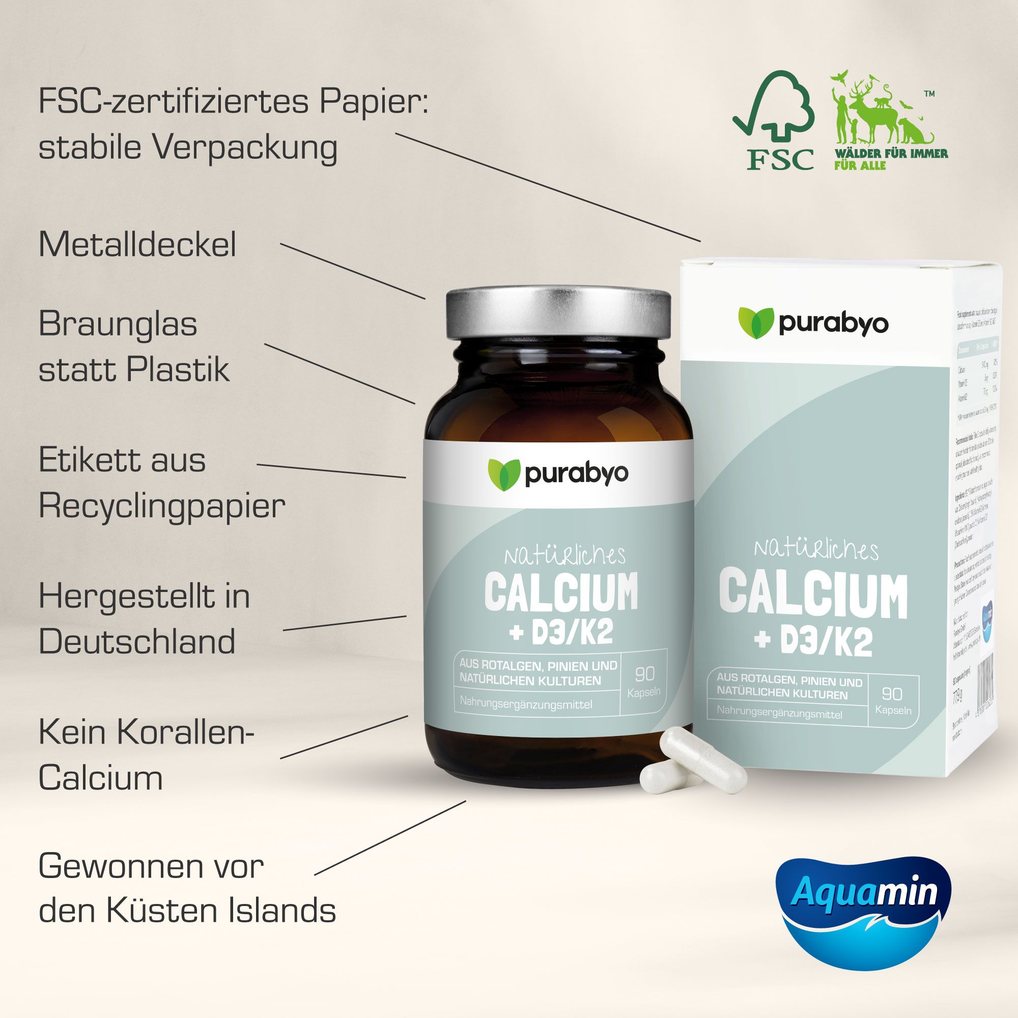 Braune Glasflasche und Schachtel. Text: Natürliches Calcium + D3/K2. FSC-zertifiziertes Papier. Hergestellt in Deutschland. Kein Korallen-Calcium.