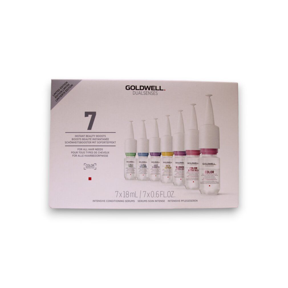 Goldwell Dualsenses Haar Serum-Set. Enthält sieben Fläschchen mit farbigen Etiketten. Aufschrift: 7x18ml/7x0.6FL.OZ.