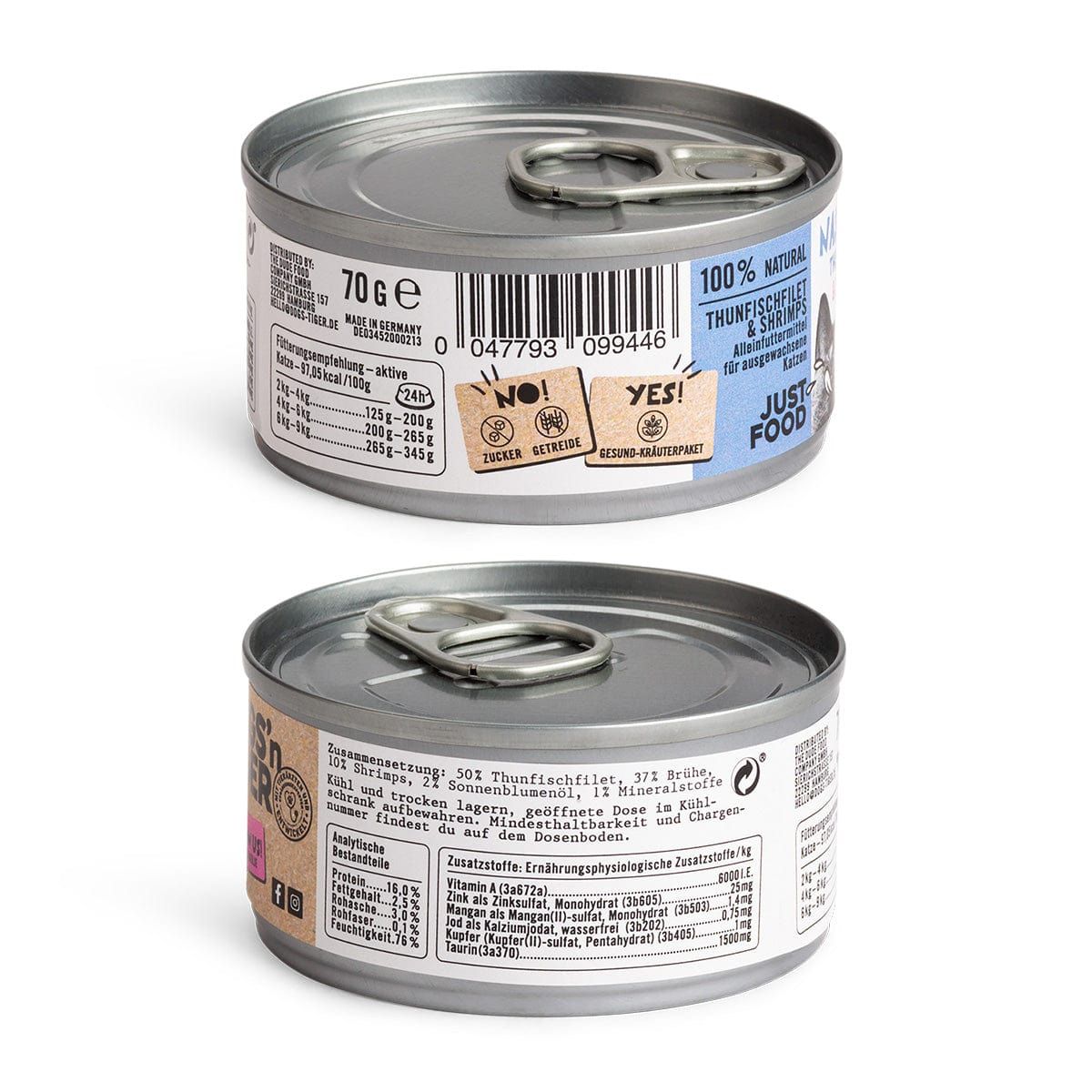 Zwei Dosen Katzenfutter. Aufschrift: Thunfisch & Shrimps, 100% natürlich. Rückseite: Nährwertangaben, Zutaten, Analyse. Zertifizierungen.