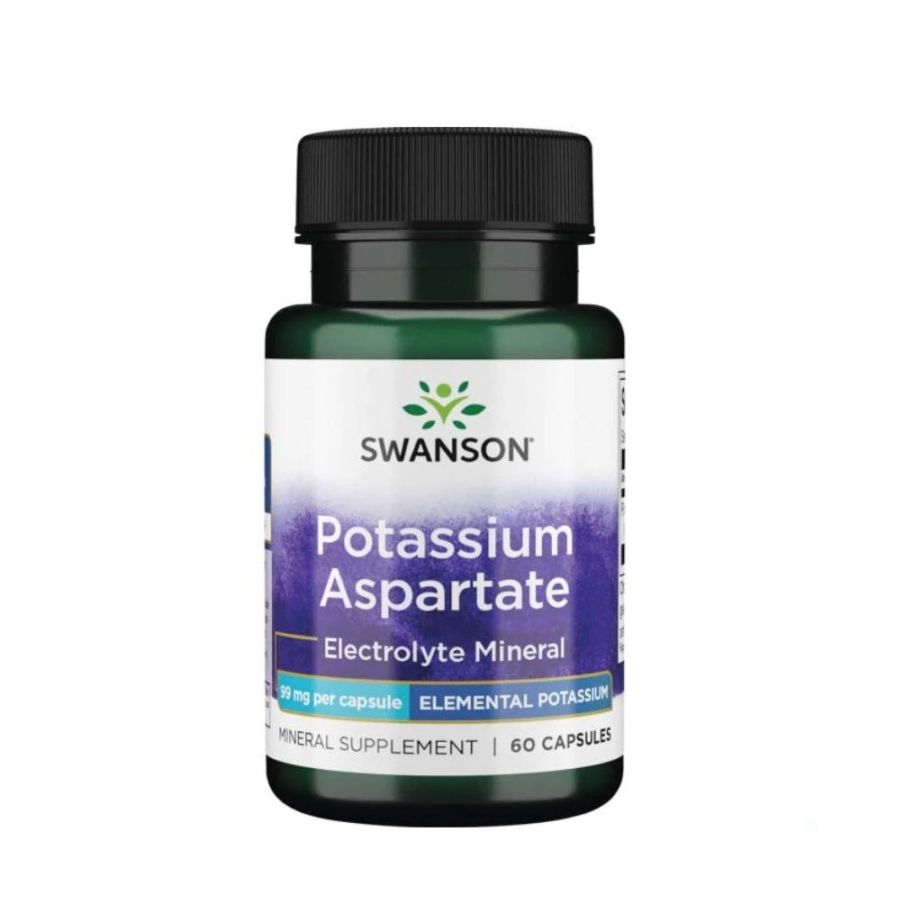 Grüne Flasche mit schwarzem Deckel. Aufschrift: Swanson, Potassium Aspartate, Electrolyte Mineral. 60 Kapseln.
