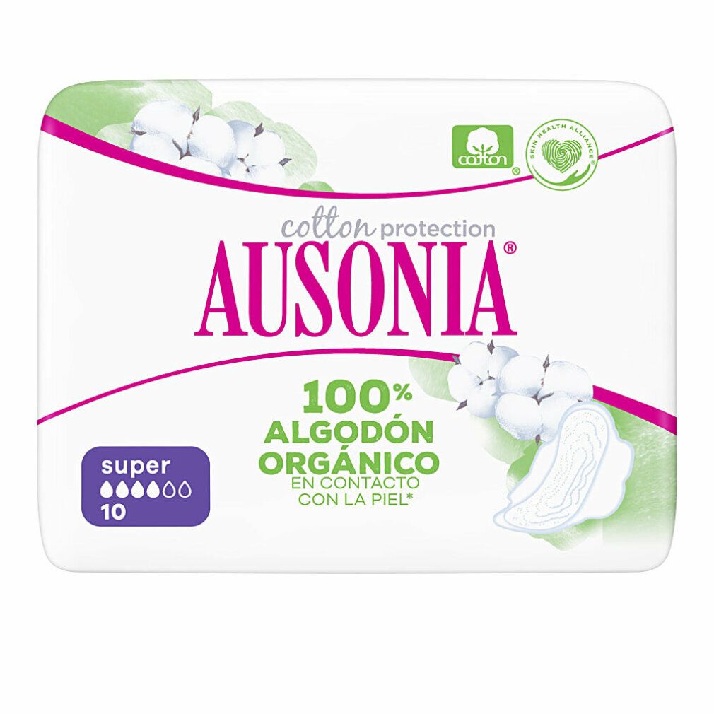 Verpackung von Ausonia Super Organic Slipeinlagen. Weiß mit rosa Akzenten, Baumwoll-Logo und Produktinformationen. 10 Einheiten.