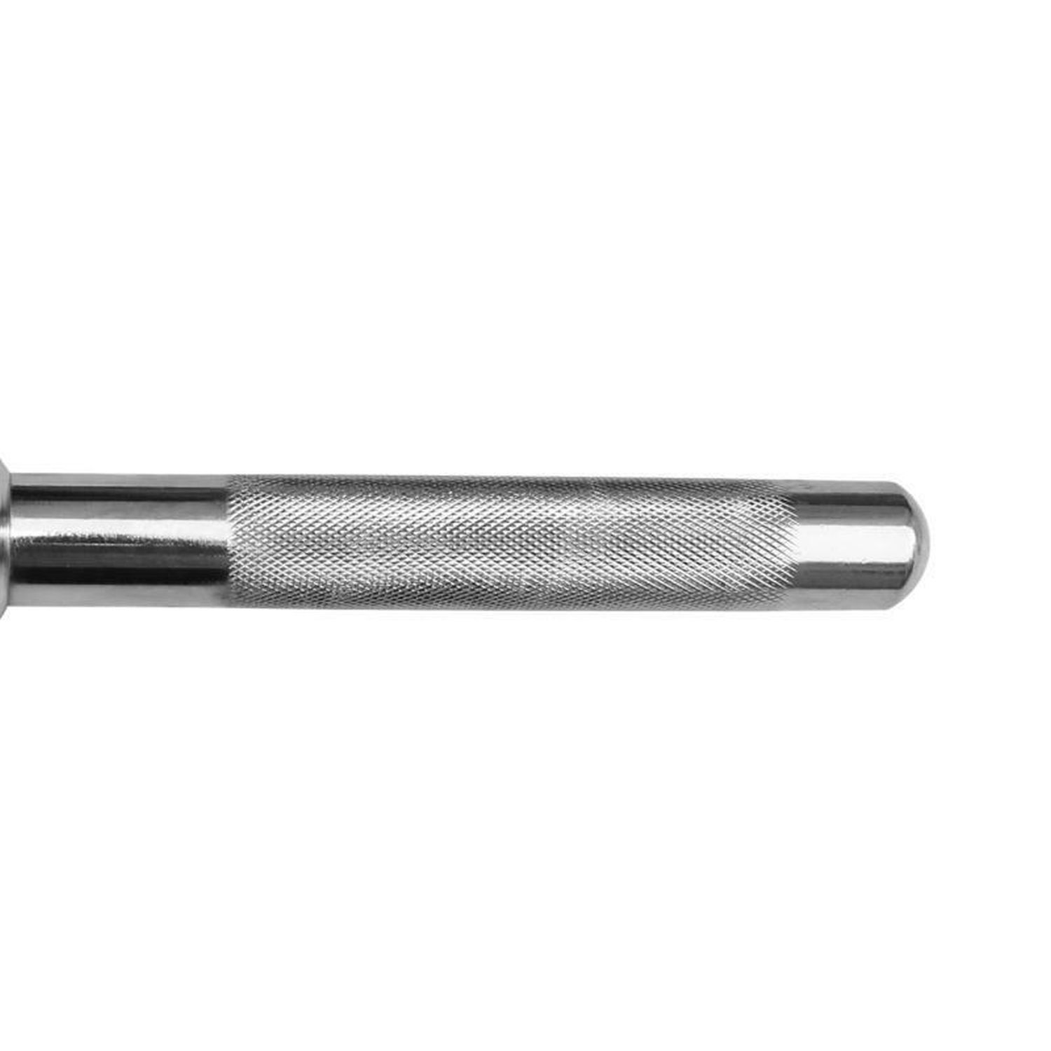 Ende einer Stahl-Bizeps-Trizeps-Stange. Geriffelte Griffe. Silberfarbenes Metall. Abgerundete Enden.