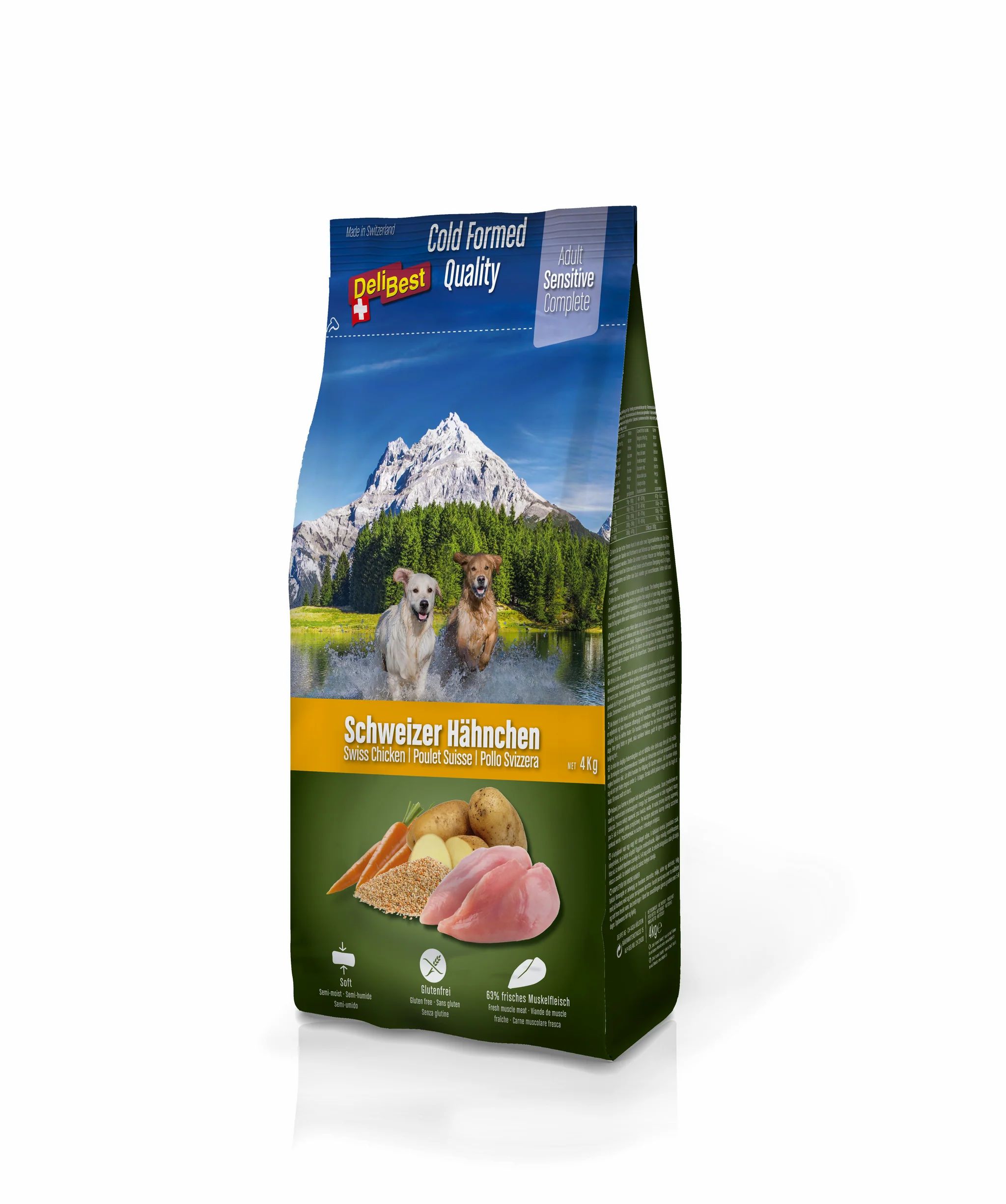 Hundefutter-Beutel mit Schweizer Hähnchen-Motiv, Berglandschaft und zwei Hunden.