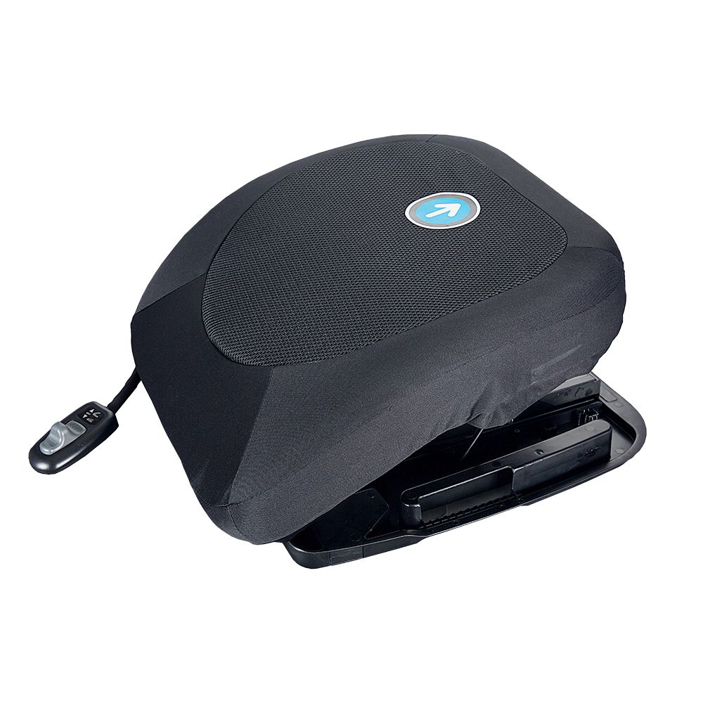 Schwarze elektrische Aufstehhilfe mit blauem Logo und Fernbedienung. Abgerundete Form.