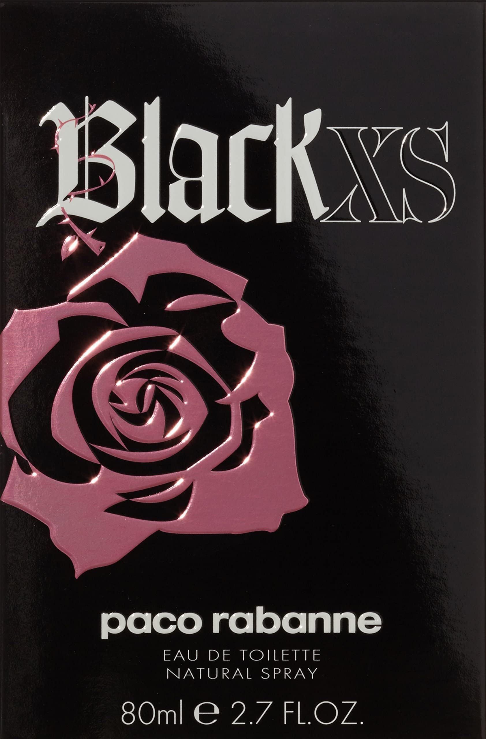Schwarze Schachtel mit Black XS-Logo und Rose. Aufschrift Paco Rabanne Eau de Toilette Natural Spray.