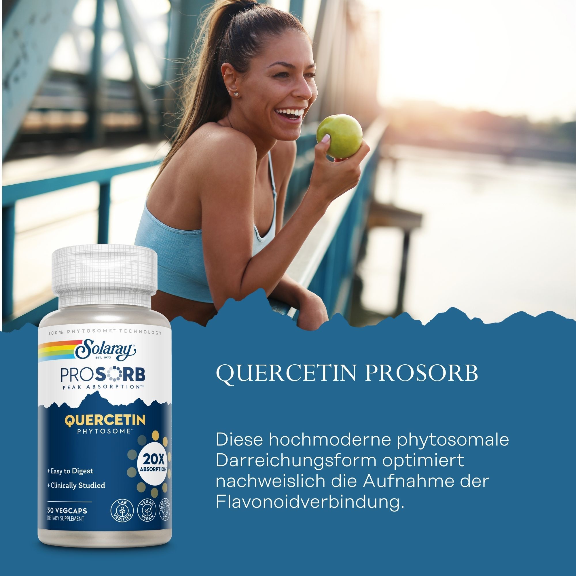Solaray Quercetin ProSorb Flasche. 30 Vegicaps. 20x Absorption. Einfach zu verdauen. Klinisch geprüft. Frau isst Apfel.