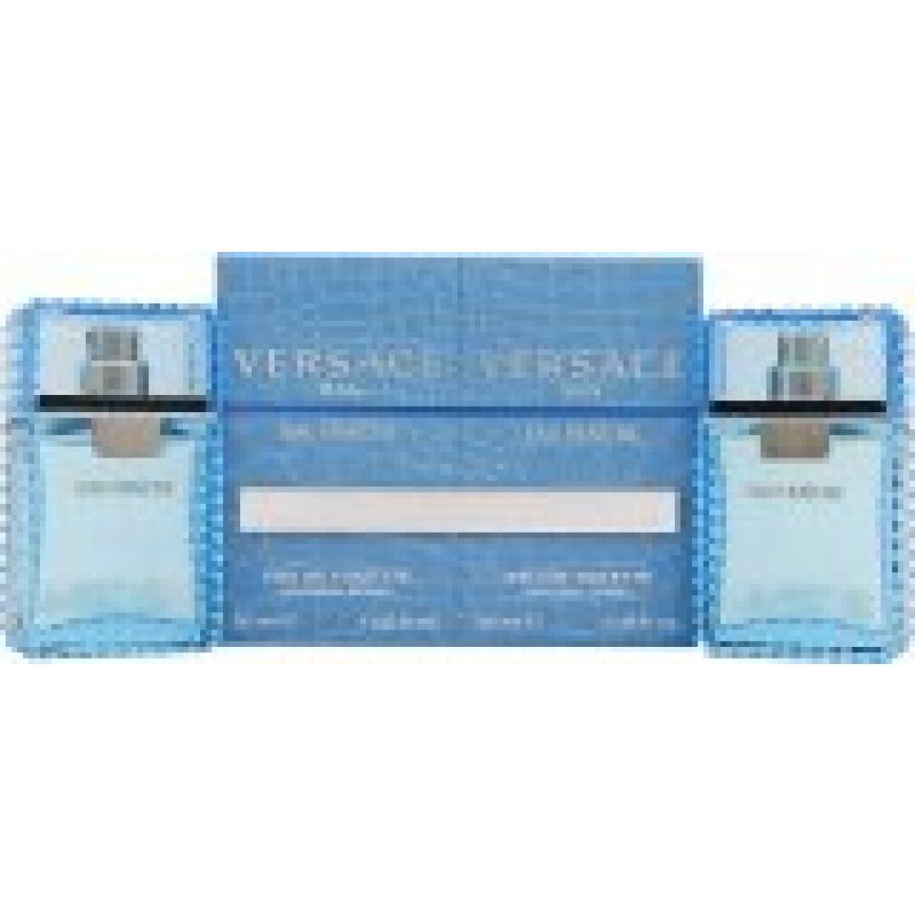 Zwei Flakons und eine Schachtel. Hellblaues Glas, silberne Sprühköpfe. Aufschrift: Versace Man Eau Fraîche.