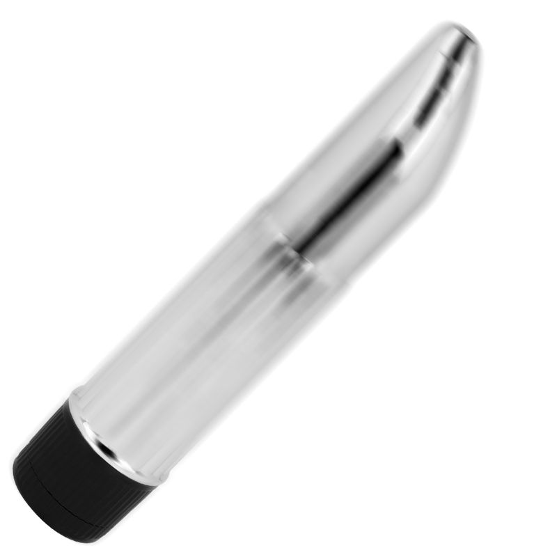 Silberfarbener Vibrator mit schwarzem Ende. Zylindrische Form mit abgerundeter Spitze. Glatte Oberfläche.