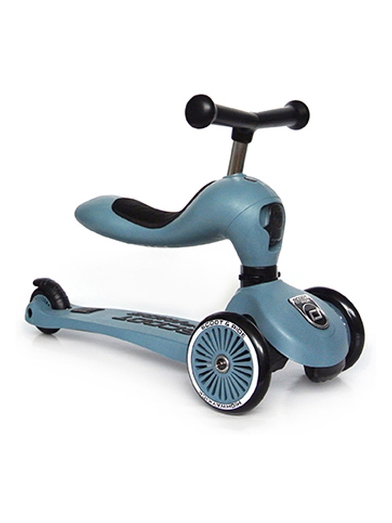 Blauer Kinderroller mit Sitz und Lenker.
