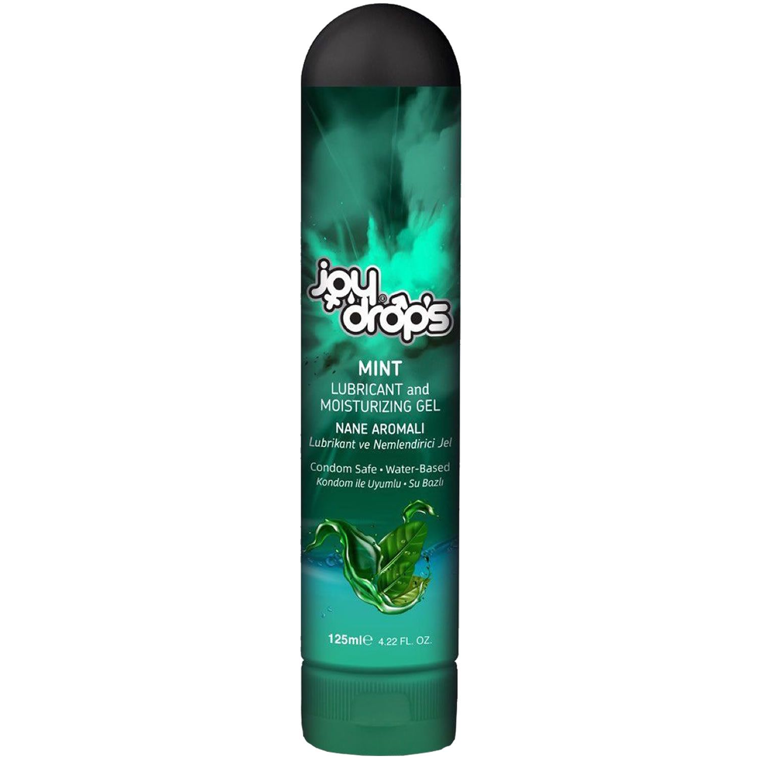 Joydrops Mint Gleitmittel und Feuchtigkeitsgel in einer grünen Flasche mit Minzblatt-Design.