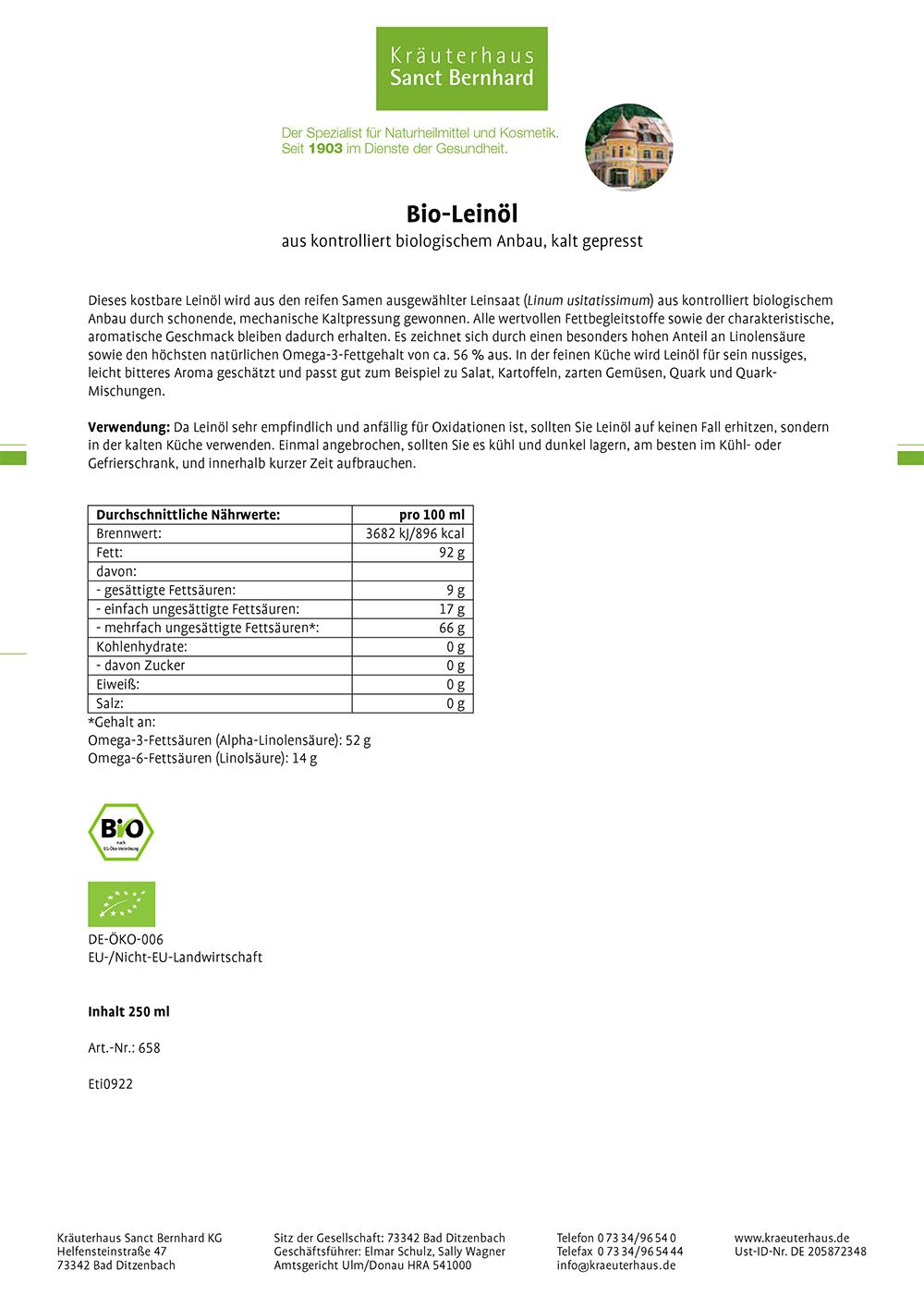 Etikett mit Informationen zu Bio-Leinöl. Enthält Nährwertangaben, Bio-Siegel und Herstellerinformationen. Text in deutscher Sprache.