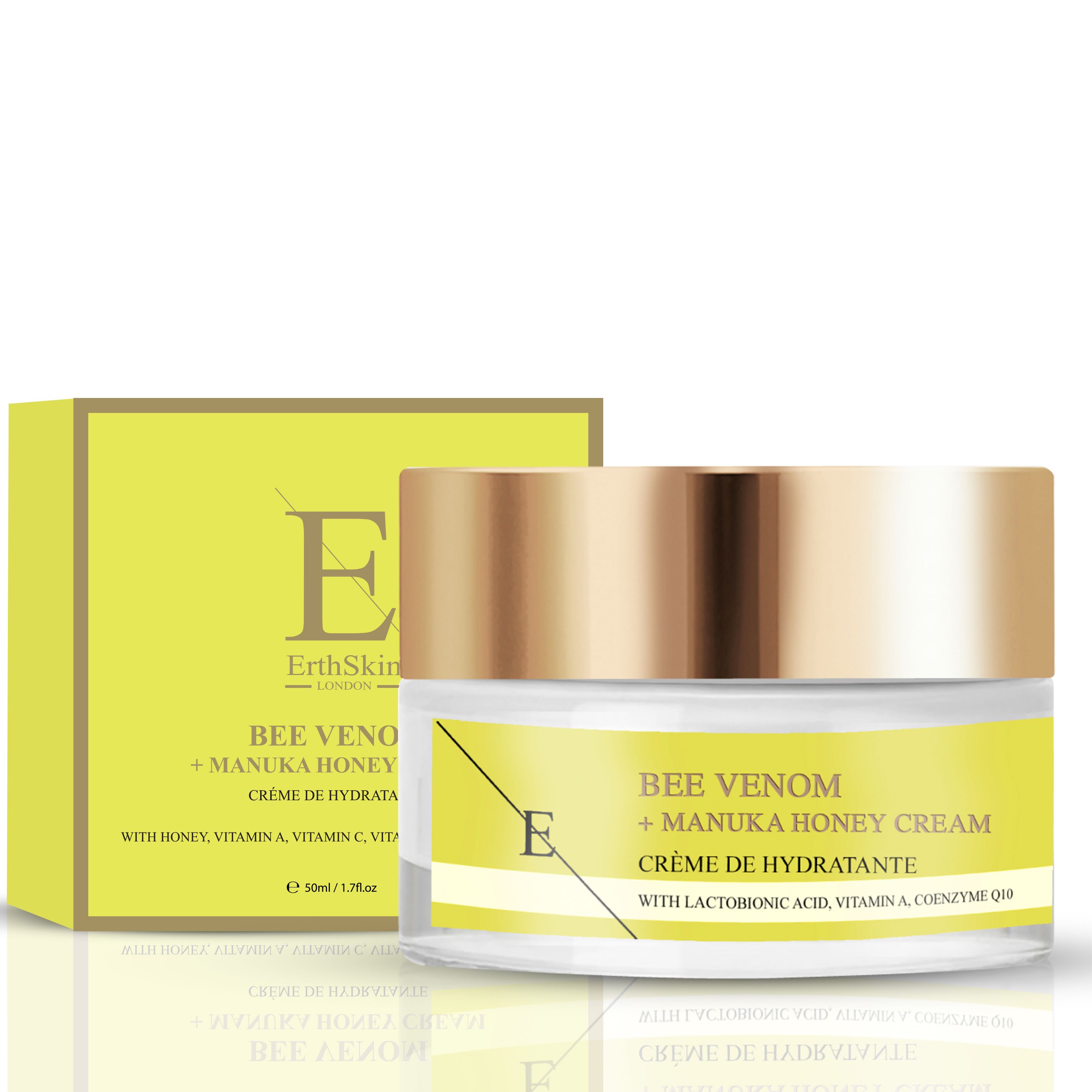 Creme-Glas mit goldfarbenem Deckel und gelbem Etikett. Text: Bienengift + Manuka-Honig Creme. Mit Honig, Vitamin A, C, Vita.