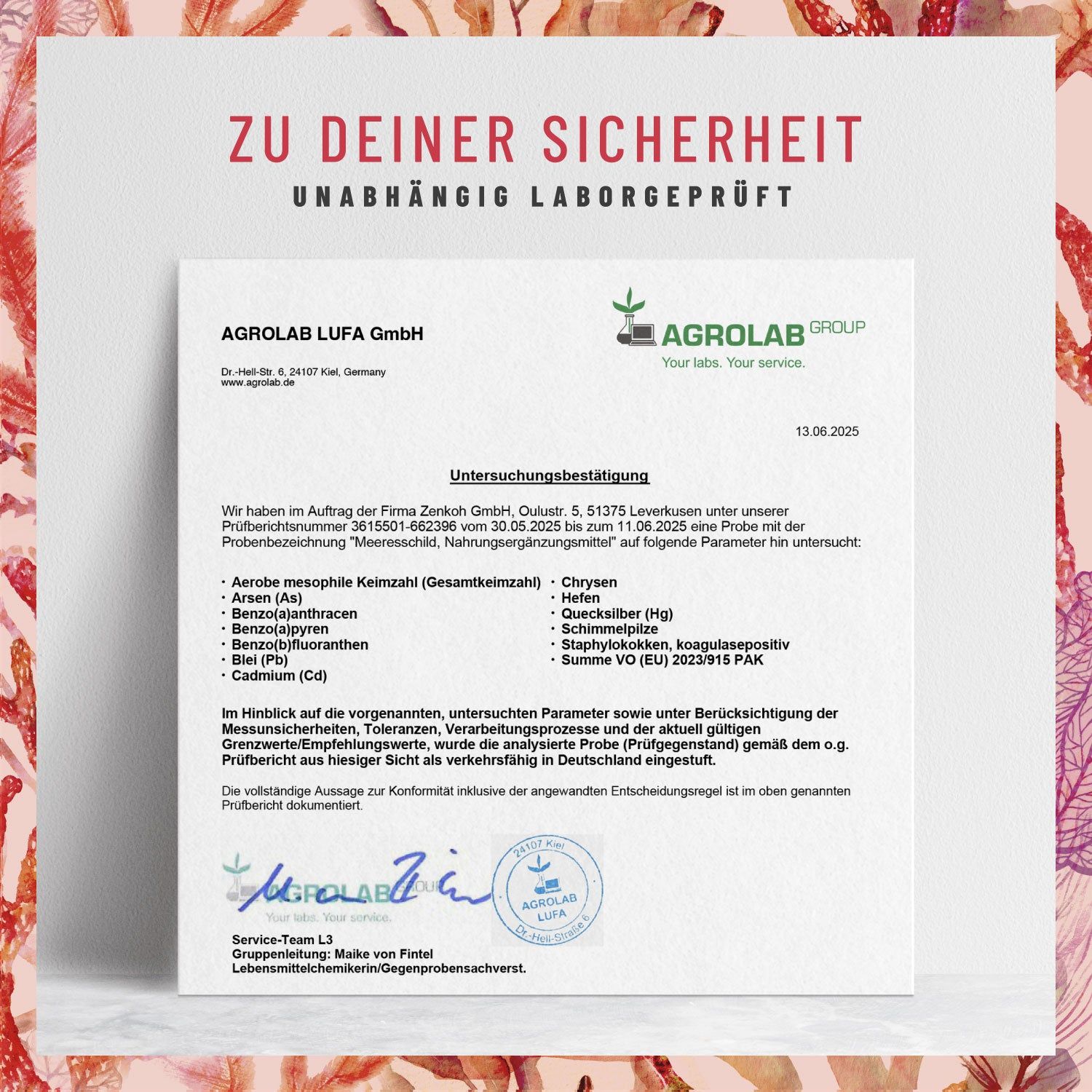 Zertifikat der Agrolab LUFA GmbH. Bestätigt die Untersuchung von Meeresschild-Produkten.