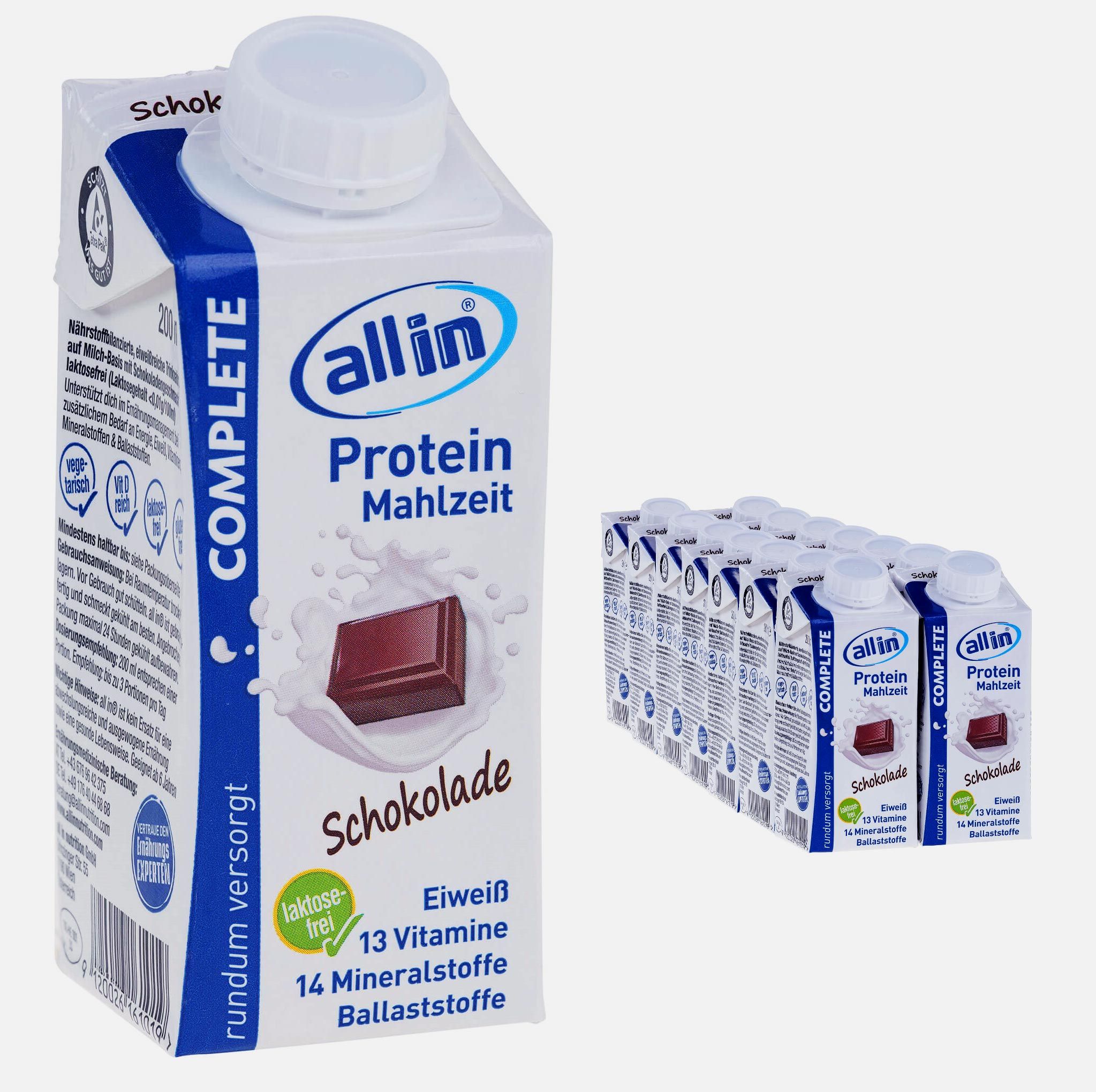 Schokoladen-Protein-Mahlzeit-Drink in Kartonverpackung, 200 ml. Enthält 13 Vitamine, 14 Mineralstoffe.