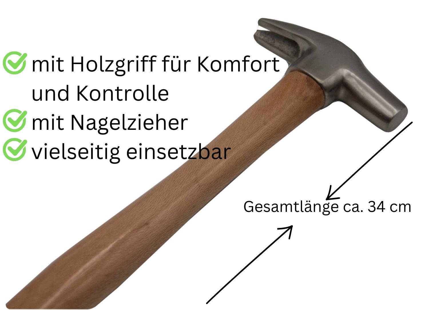 Hammer mit Holzgriff. Gesamtlänge ca. 34 cm. Mit Nagelzieher.