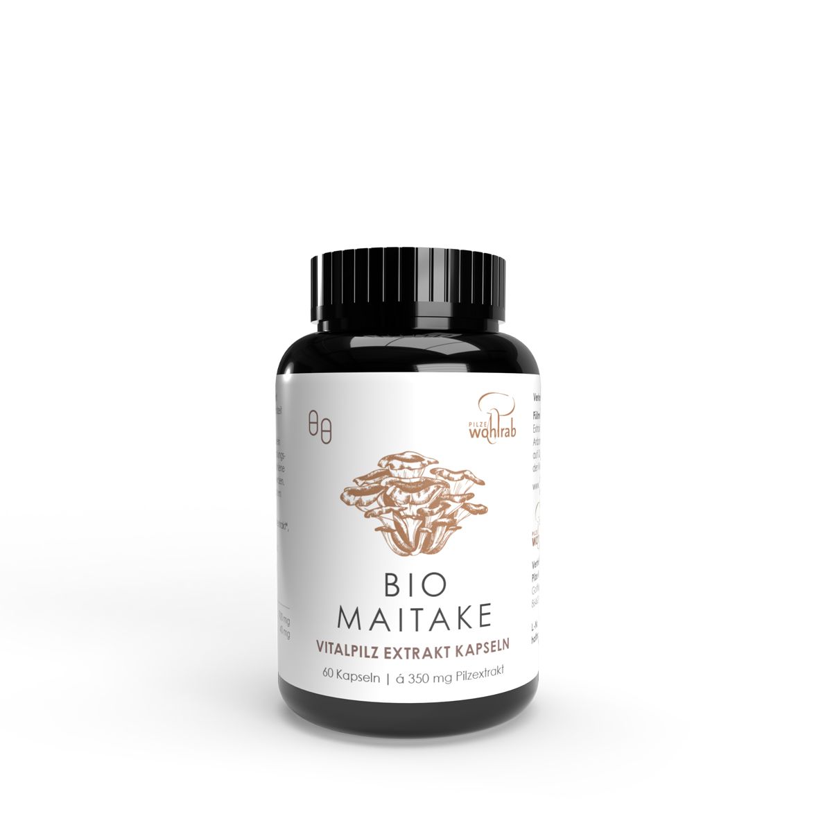 Schwarze Dose mit Vitalpilz Extrakt Kapseln (Bio Maitake), 60 Kapseln.