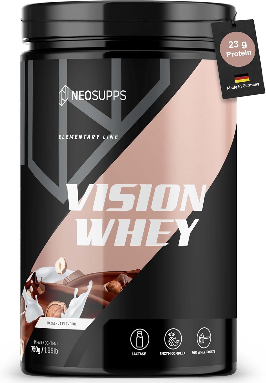 Dose Vision Whey, schwarz, rosa Akzent. Text: Vision Whey, Neosupps. Aufschrift: Haselnuss-Geschmack, 23g Protein, 750g/1.65lb.