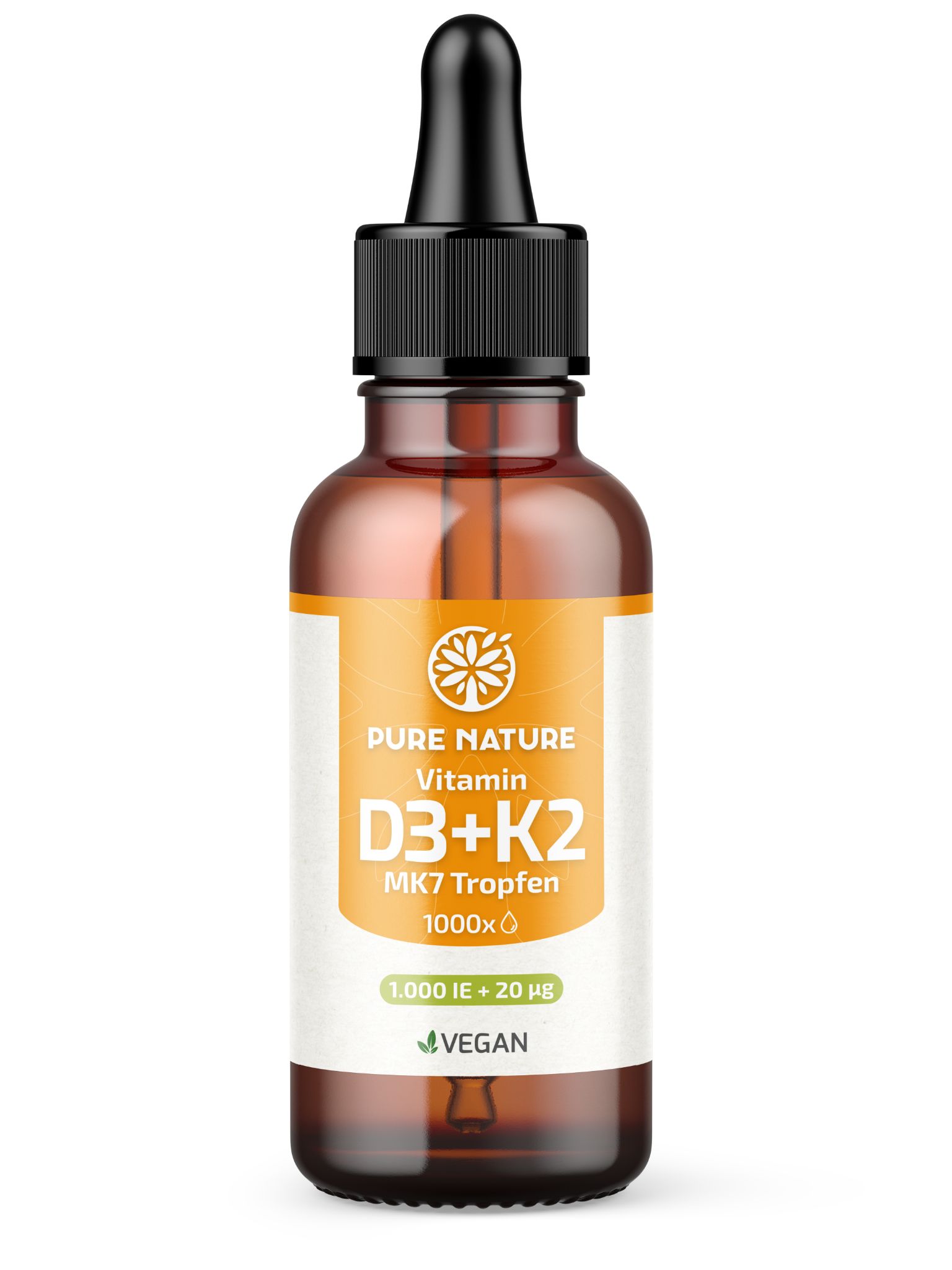 Braune Glasflasche mit Pipette, Etikett zeigt "Pure Nature Vitamin D3+K2 MK7 Tropfen 1000x".