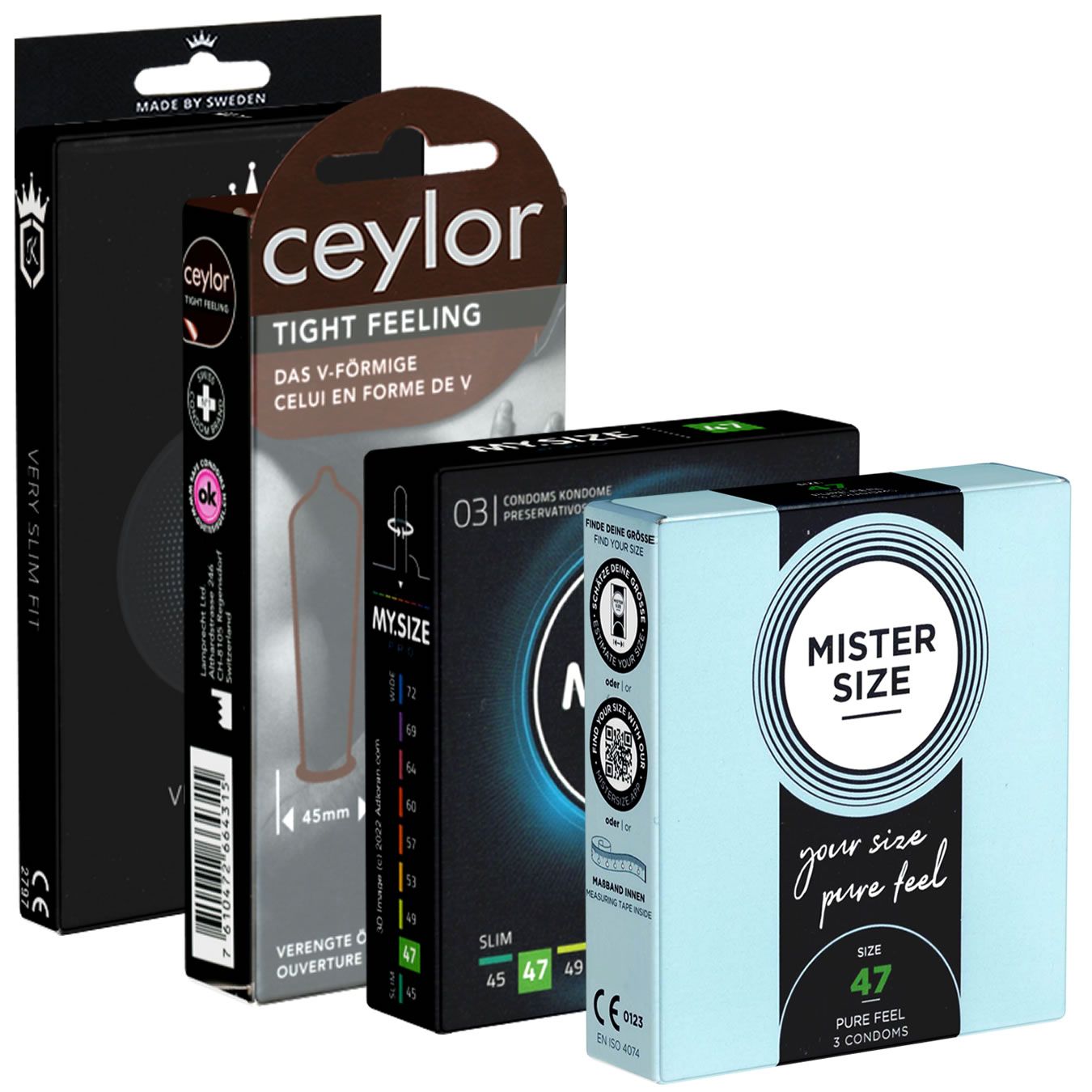 Mehrere Kondompackungen. Marken: ceylor, MYSIZE, MISTER SIZE. Verschiedene Größen und Formen. Schwarze, braune und hellblaue Verpackungen.