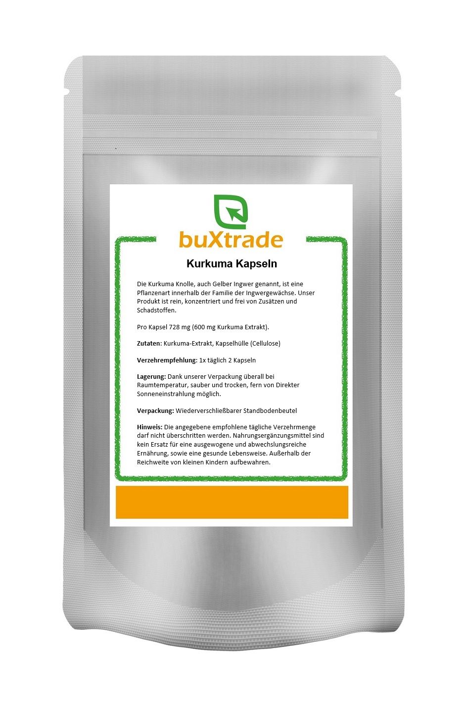 Beutel mit weißem Etikett, Produktname: Kurkuma Kapseln. Marke: buXtrade. Grüne Umrandung, Text in Deutsch.