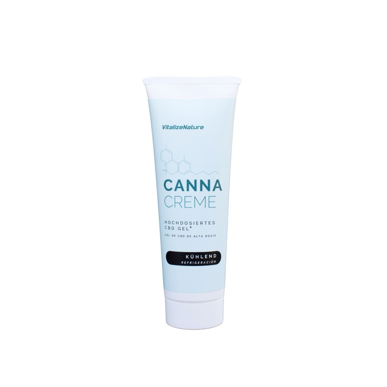 Canna Creme Tube. Weiß-blauer Tubenbehälter mit Text. Kühlend.
