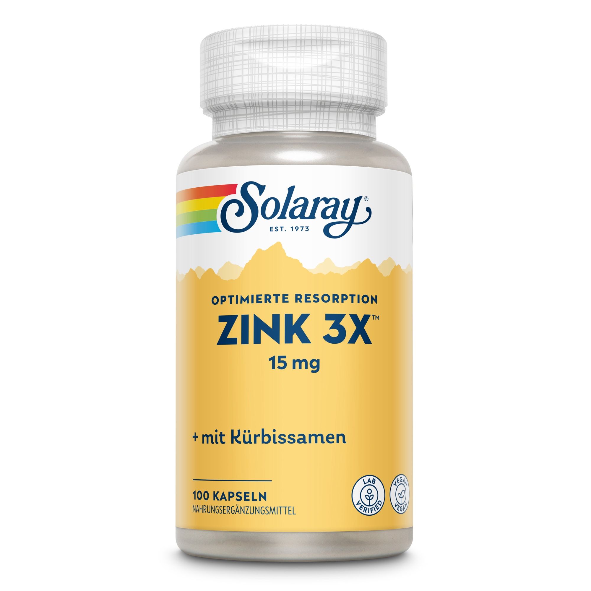Solaray Zink 3X 15 mg Flasche. Weiße Kappe, gelbes Etikett mit Logo, Text: Optimierte Resorption, + mit Kürbiskernen, 100 Kapseln.
