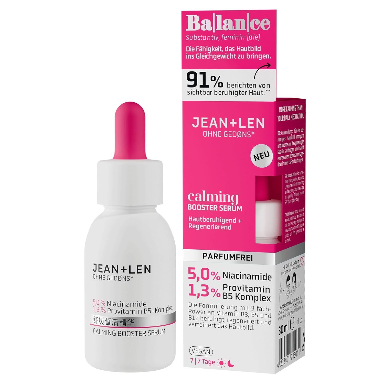 Produktverpackung mit Serumfläschchen und Karton. Text: Jean & Len, Calming Booster Serum, 5,0% Niacinamide, 1,3% Provitamin B5-Komplex.