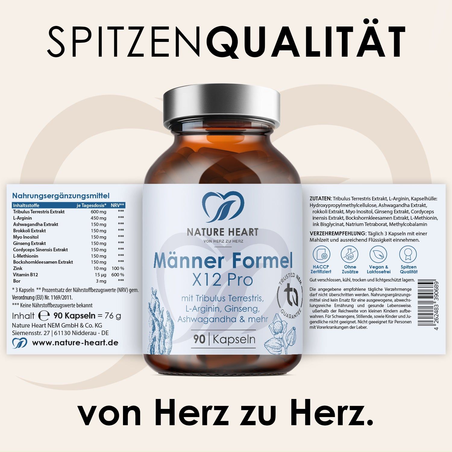 Flasche "Männer Formel X12 Pro" von Nature Heart mit Nährwertangaben und Inhaltsstoffen. 90 Kapseln.