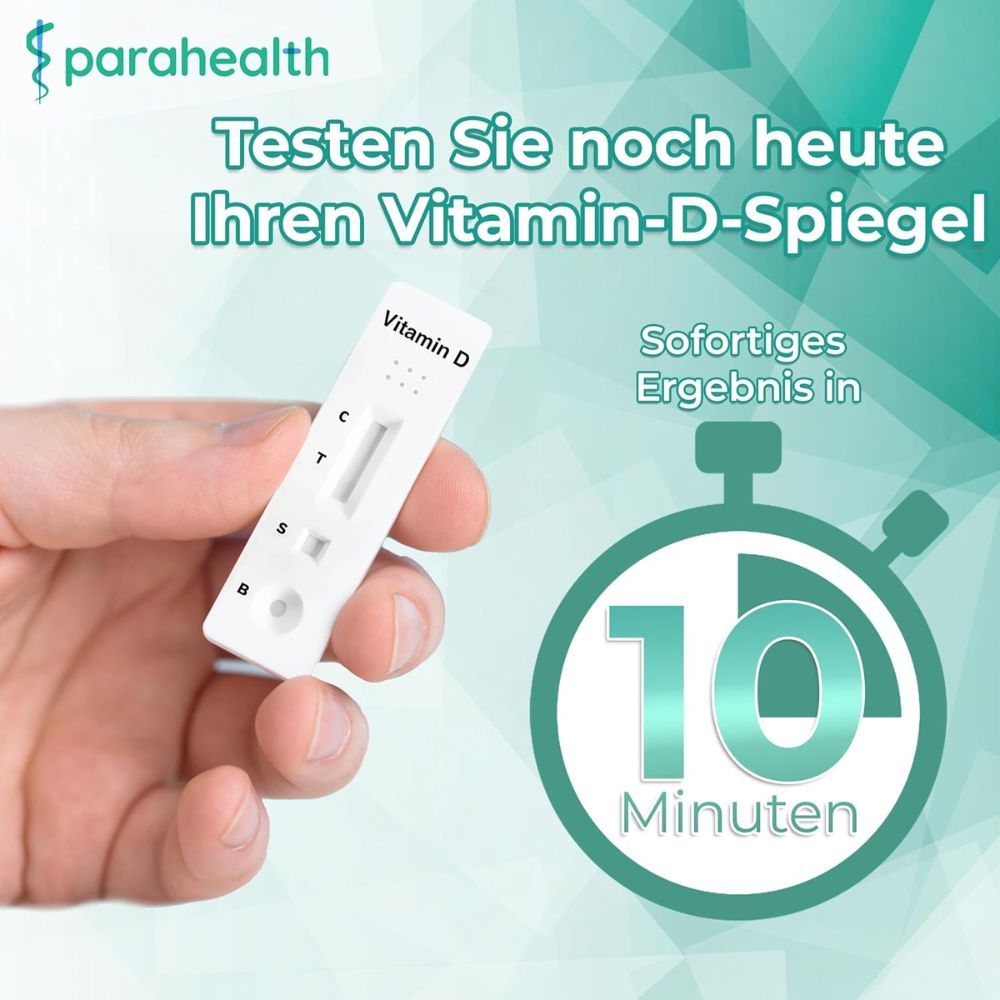 Nahaufnahme einer Hand, die einen Vitamin-D-Schnelltest hält. "Testen Sie noch heute Ihren Vitamin-D-Spiegel".