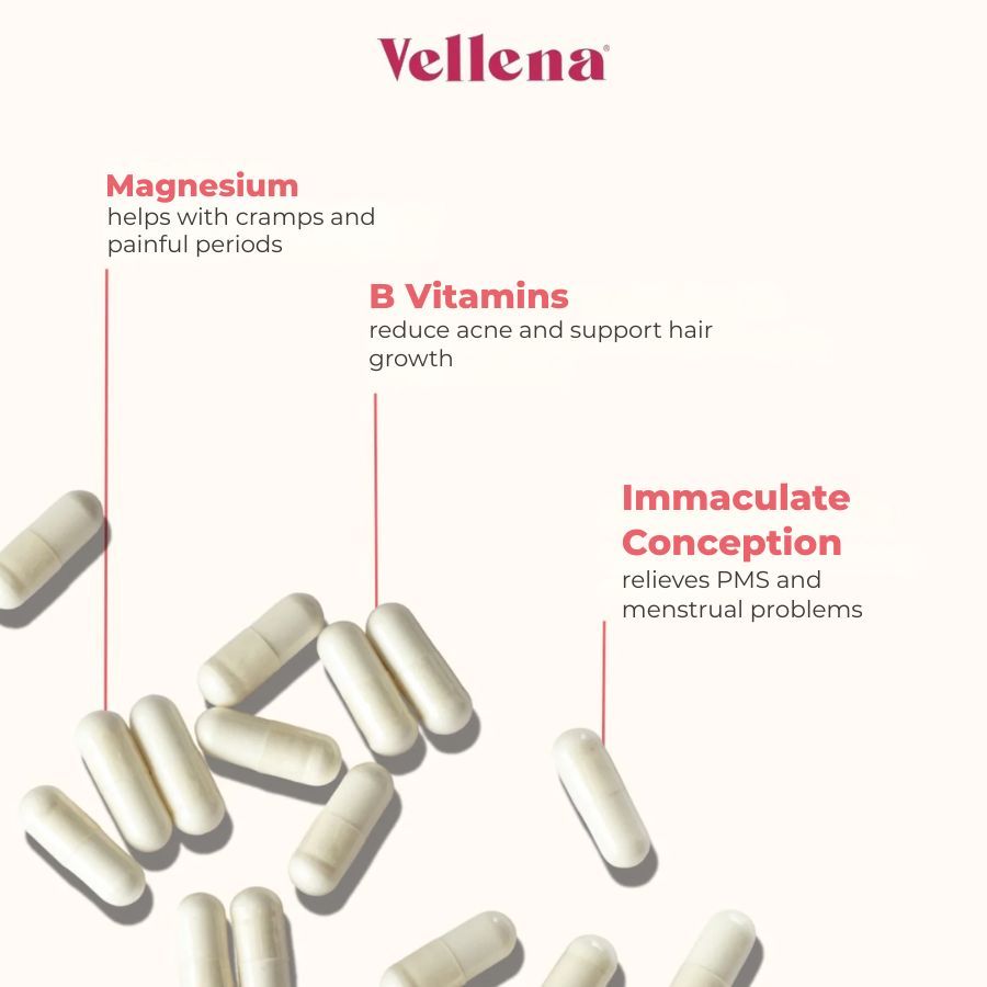 Weiße Kapseln auf rosa Hintergrund. Text: Vellena, Magnesium, B-Vitamine, Unbefleckte Empfängnis. Beschreibungen der Vorteile.