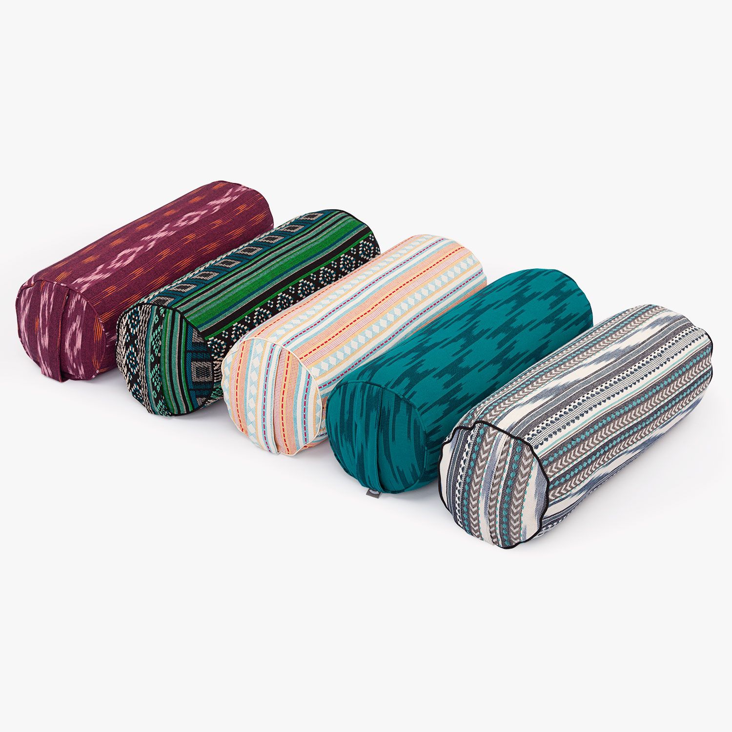 ETHNO Collection: Yoga-Bolster (rund), Ikat-Webstoff, blau-grün gem., Dinkelhülsen