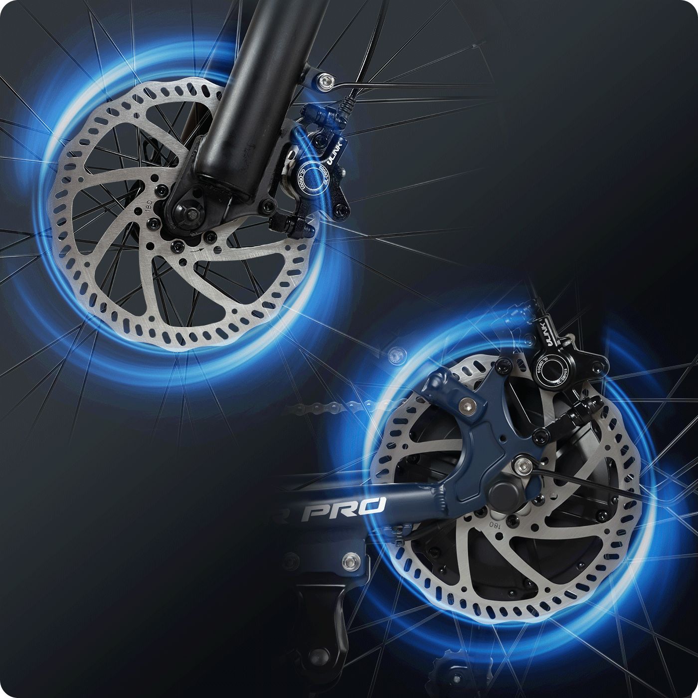 E-Bike-Scheibenbremsen, Nahaufnahme der Bremsscheiben und Bremssättel.
