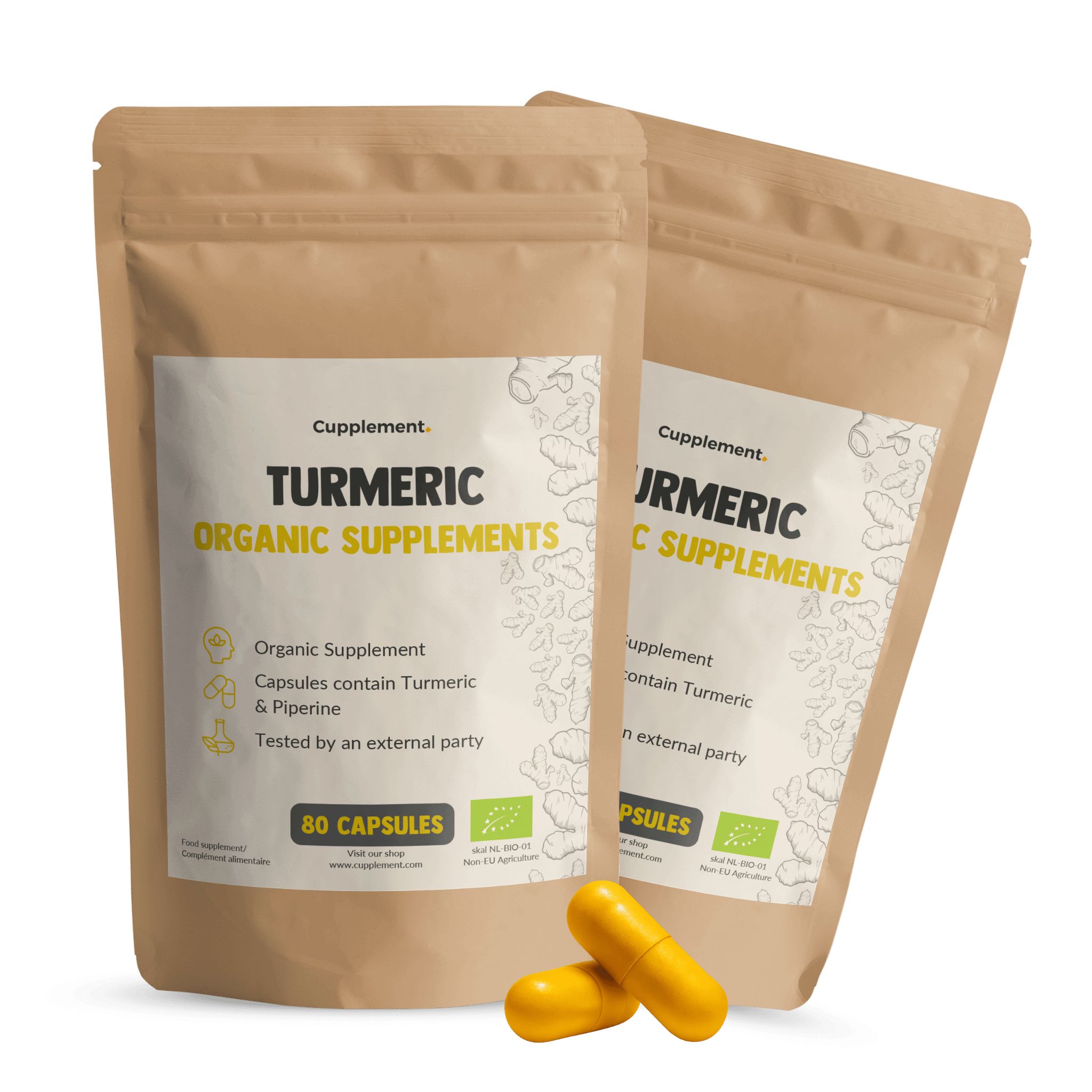 Zwei Beutel mit Kapseln. Aufschrift: Turmeric Organic Supplements. 80 Kapseln. Gelbe Kapseln liegen daneben.
